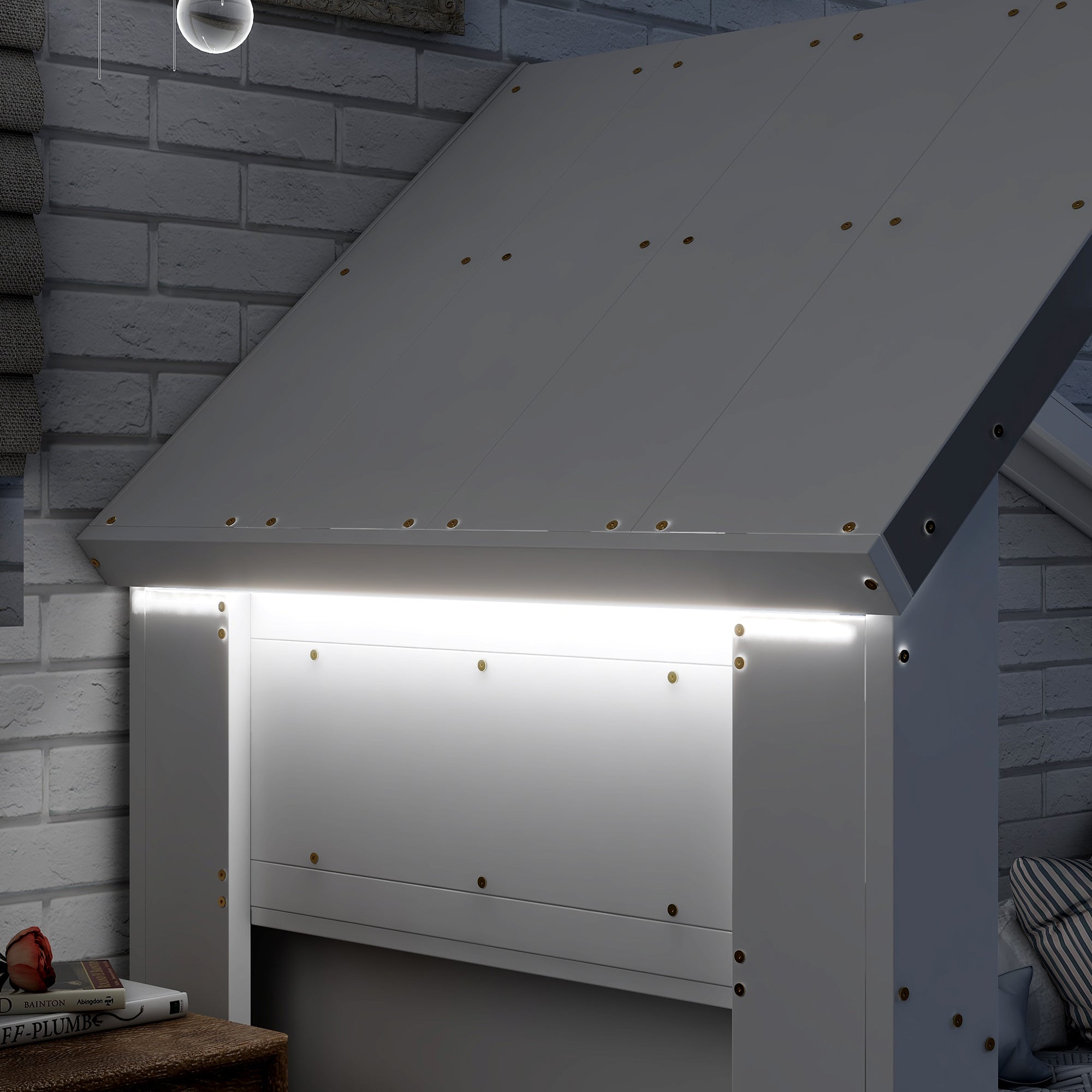 Twin House Floor Bed with Roof Window, LED Light,White