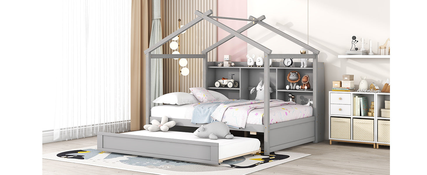 Full Size House Bed with Storage Shelves and Twin Size Trundle, Brushed Gray