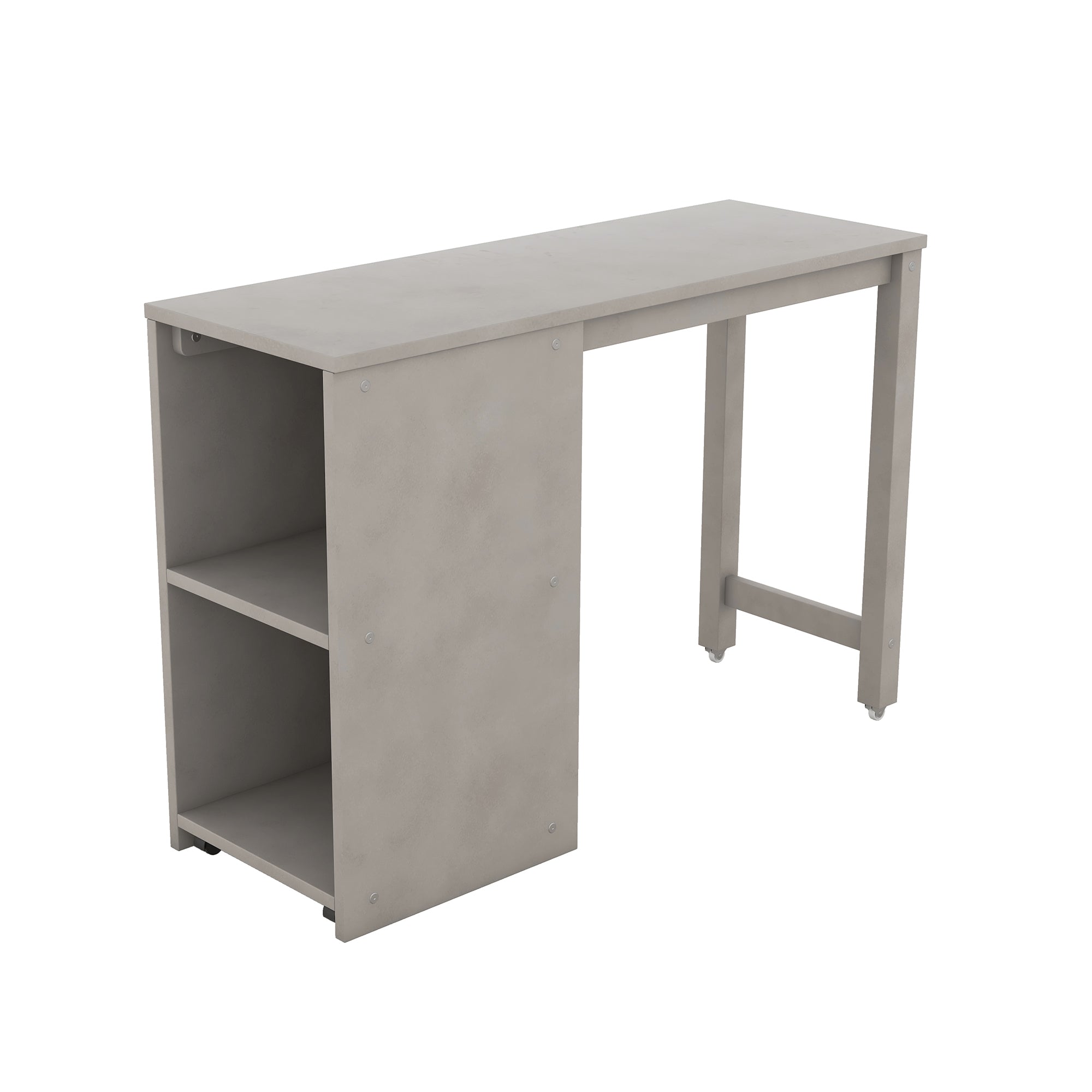 Twin Size House Bed with Wardrobe, Slide and Ladder, Wing-Shaped Fence, Pullable Desk with Storage, Worn Gray+White