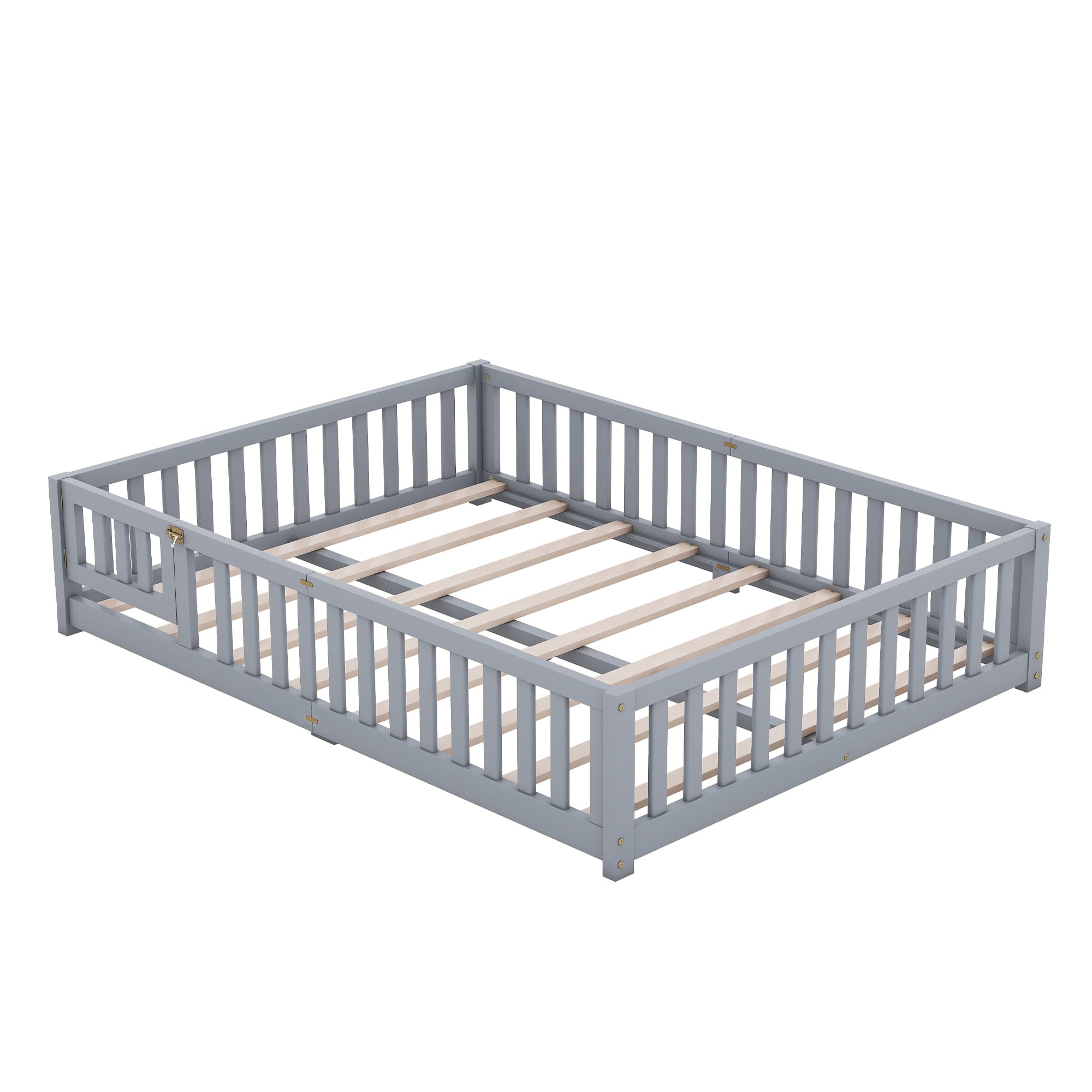Queen Size Bed Floor Bed with Safety Guardrails and Door for Kids, Gray (Expect Arrival Date Nov.2nd)