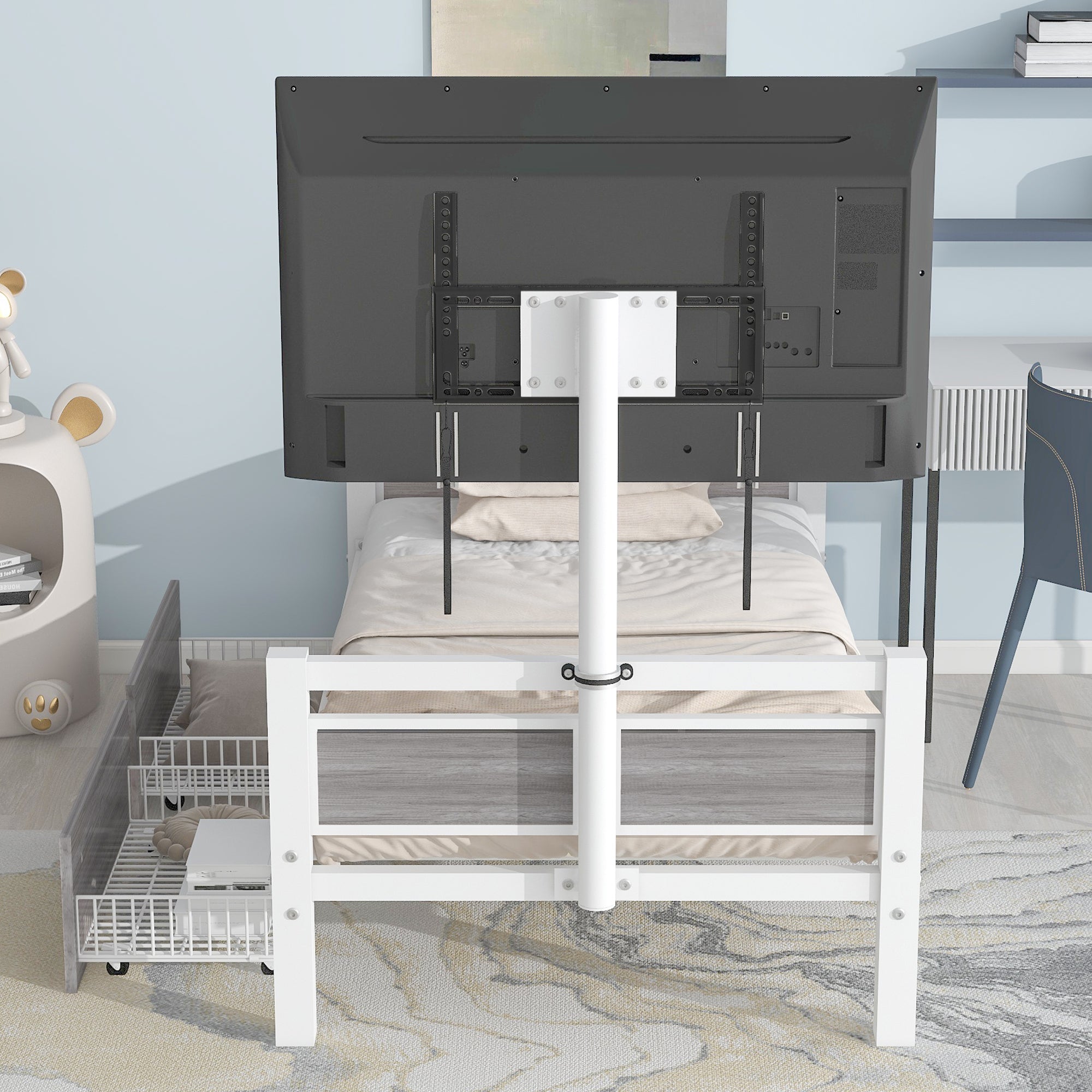 Twin Size Metal Platform Bed with MDF Headboard and Footboard,Two Storage Drawers and Rotatable TV Stand,White