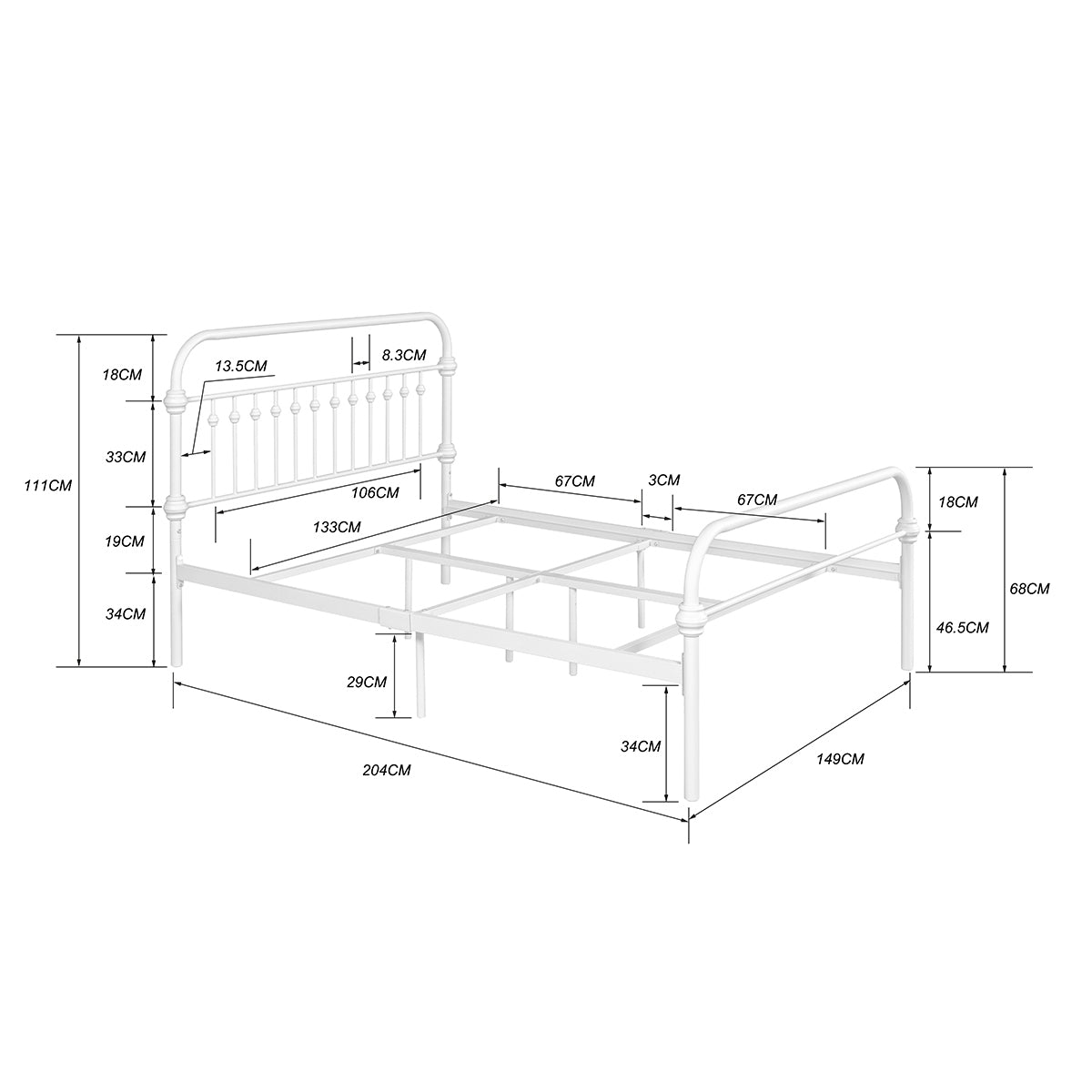 81.6" L X 59.6" W X 44.4"H Metal Bed Frame Full Size Standerd Bed Frame - WHITE