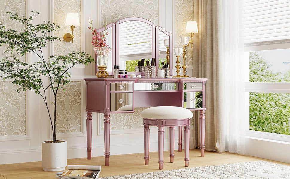 43" Dressing Table Set with Mirrored Drawers and Stool, Tri-fold Mirror, Makeup Vanity Set for Bedroom, Rose Gold