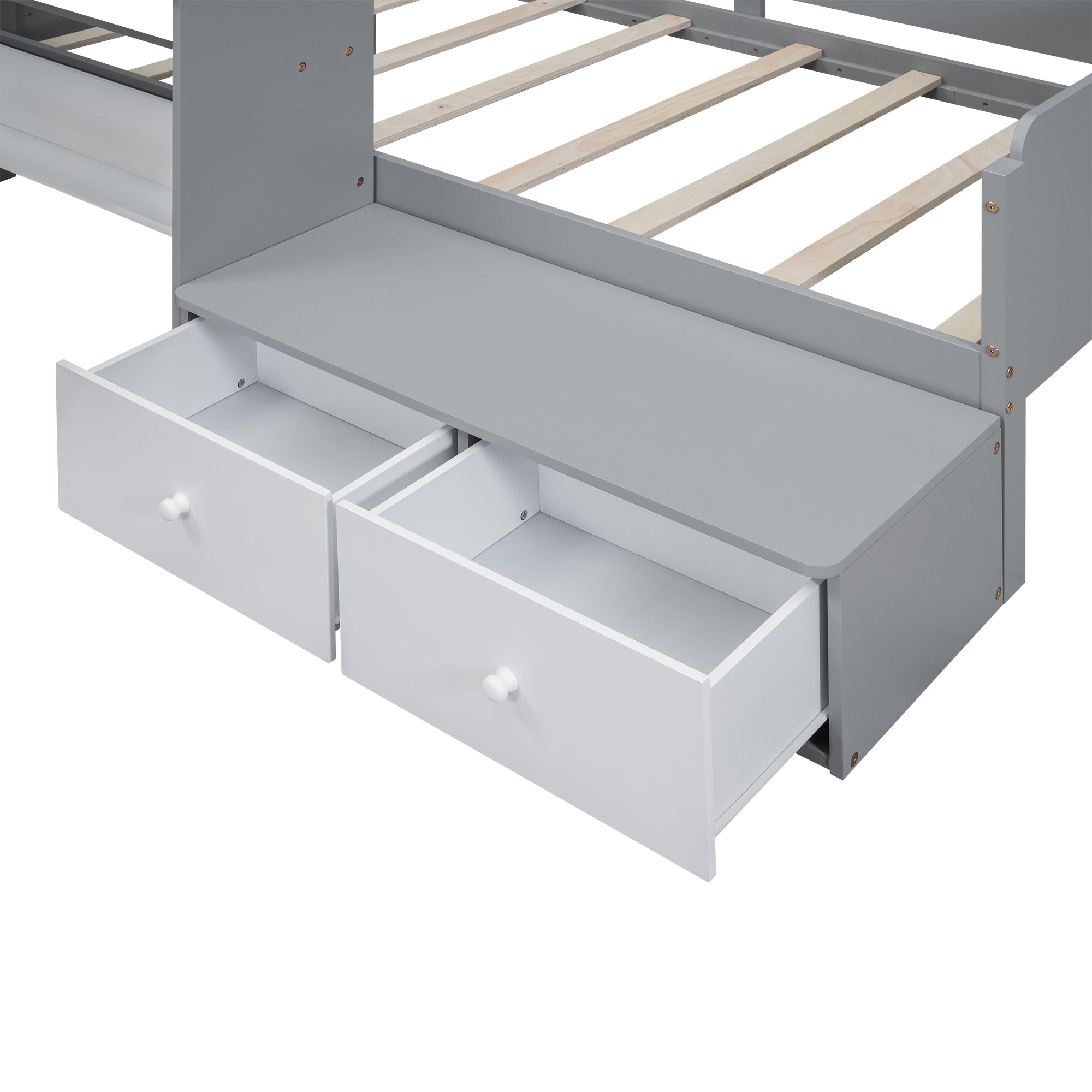 Wood Twin Size Platform Bed with 2 Drawers and 1 Chair&Desk Set, Gray+White(Expected Arrival Time: 11.22)