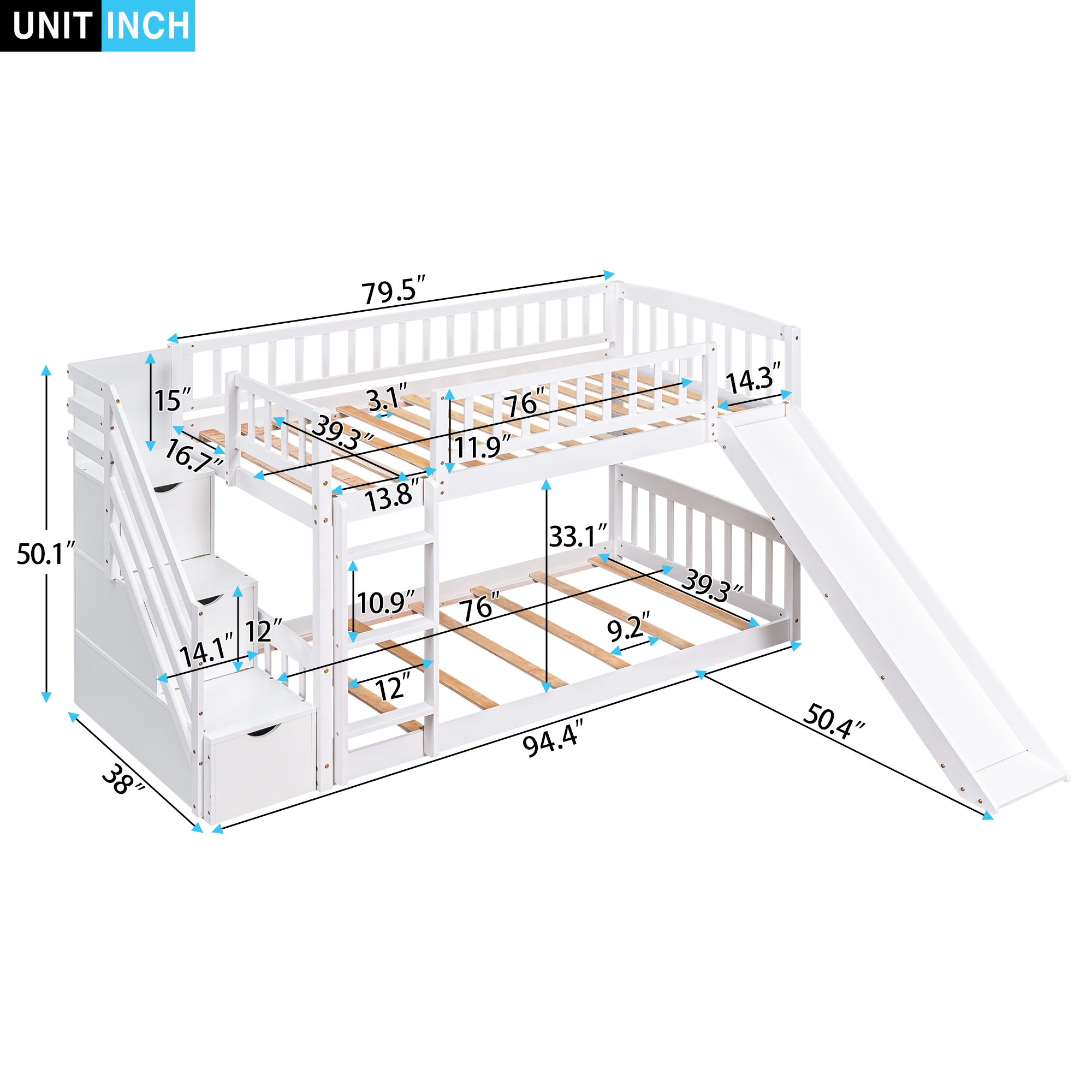 Stairway Twin over Twin Bunk Bed with Two Drawers and Slide, White(OLD SKU :LT000155AAK)
