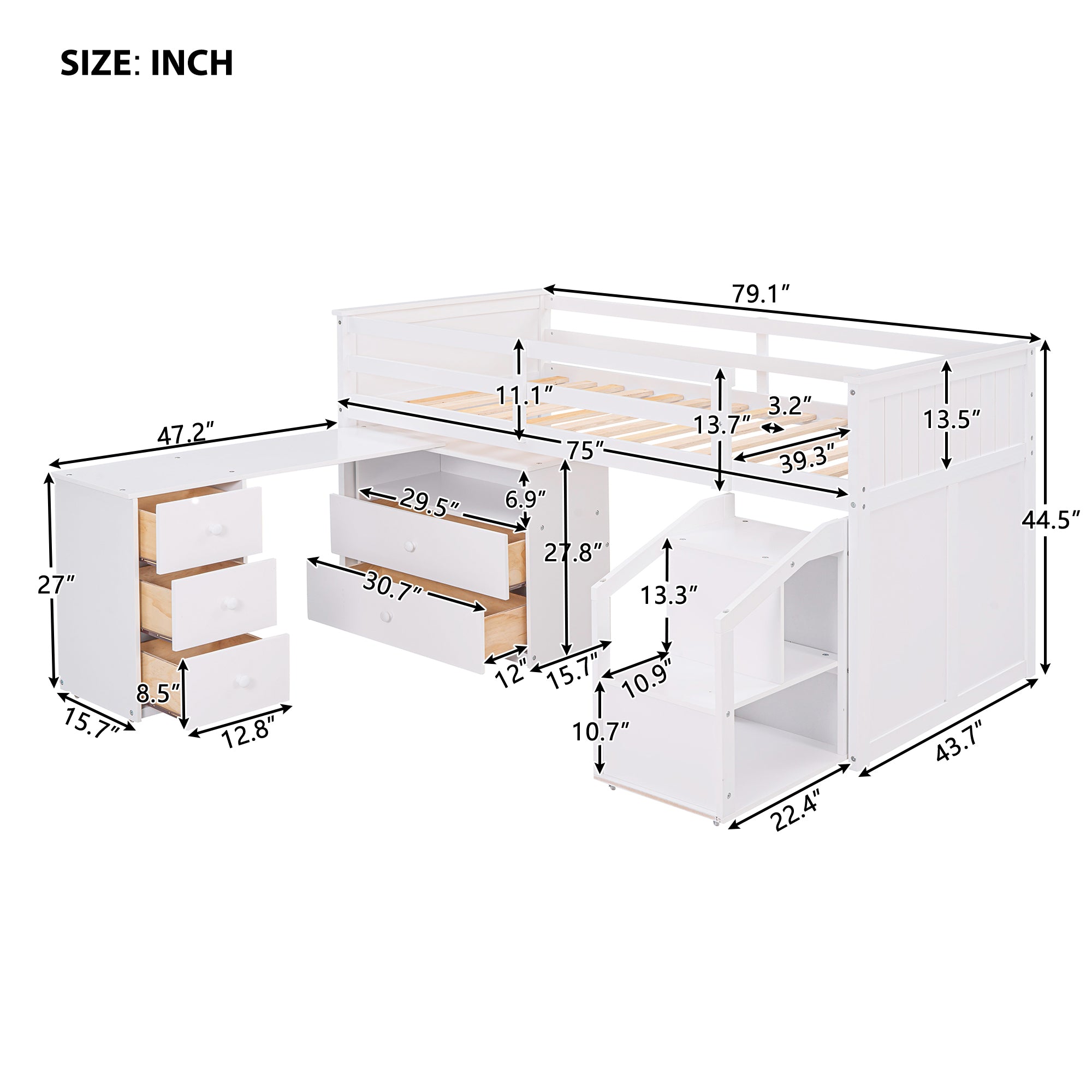 Loft Bed Low Study Twin Size Loft Bed With Storage Steps and Portable,Desk,White(OLD SKU: LT000101AAK)