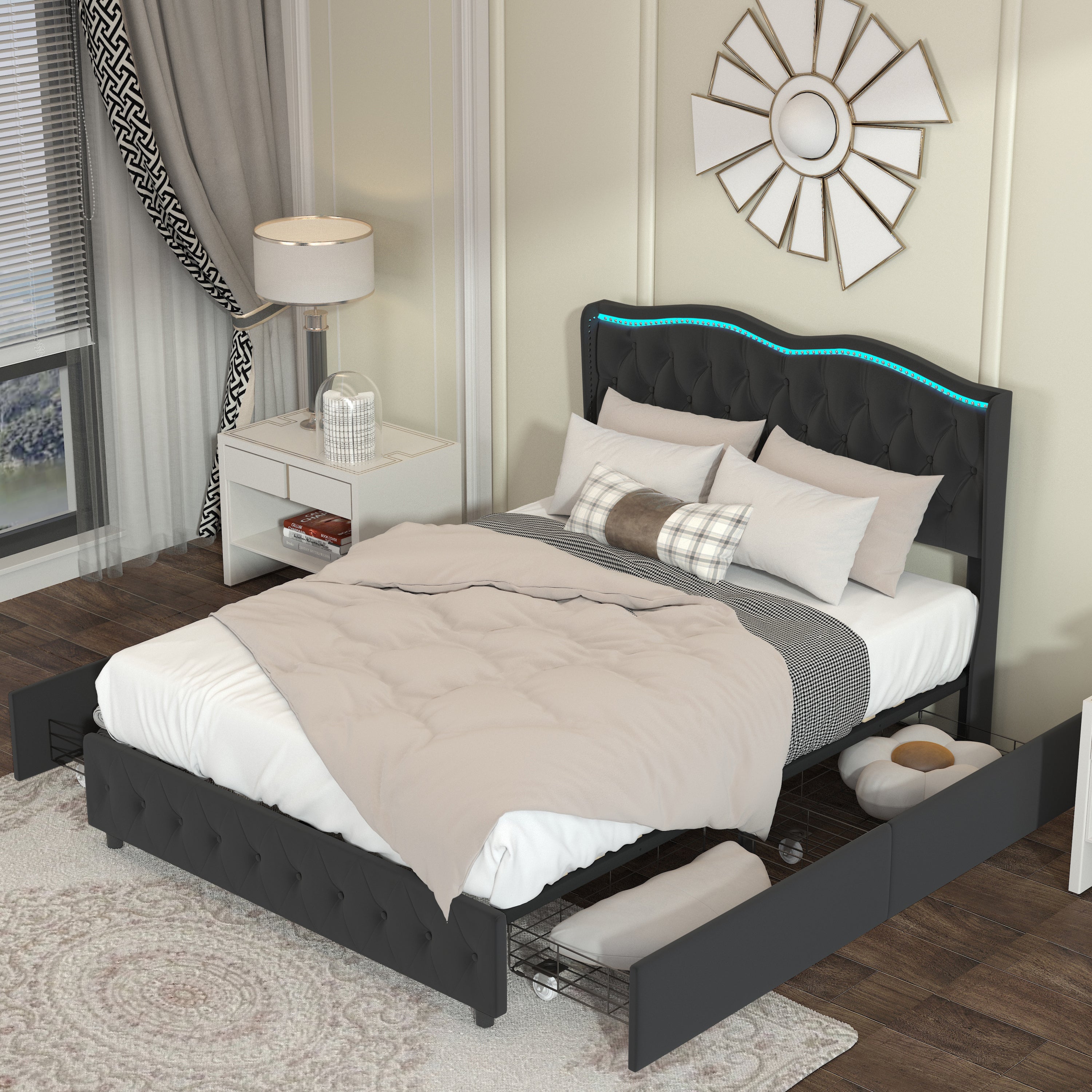 Queen Platform Bed Frame , Velvet Upholstered Bed with Deep Tufted Buttons and Nailhead Trim, Adjustable Colorful LED Light Decorative Headboard, Bed Sides with Pull-Out Storage 4 Drawers, Black