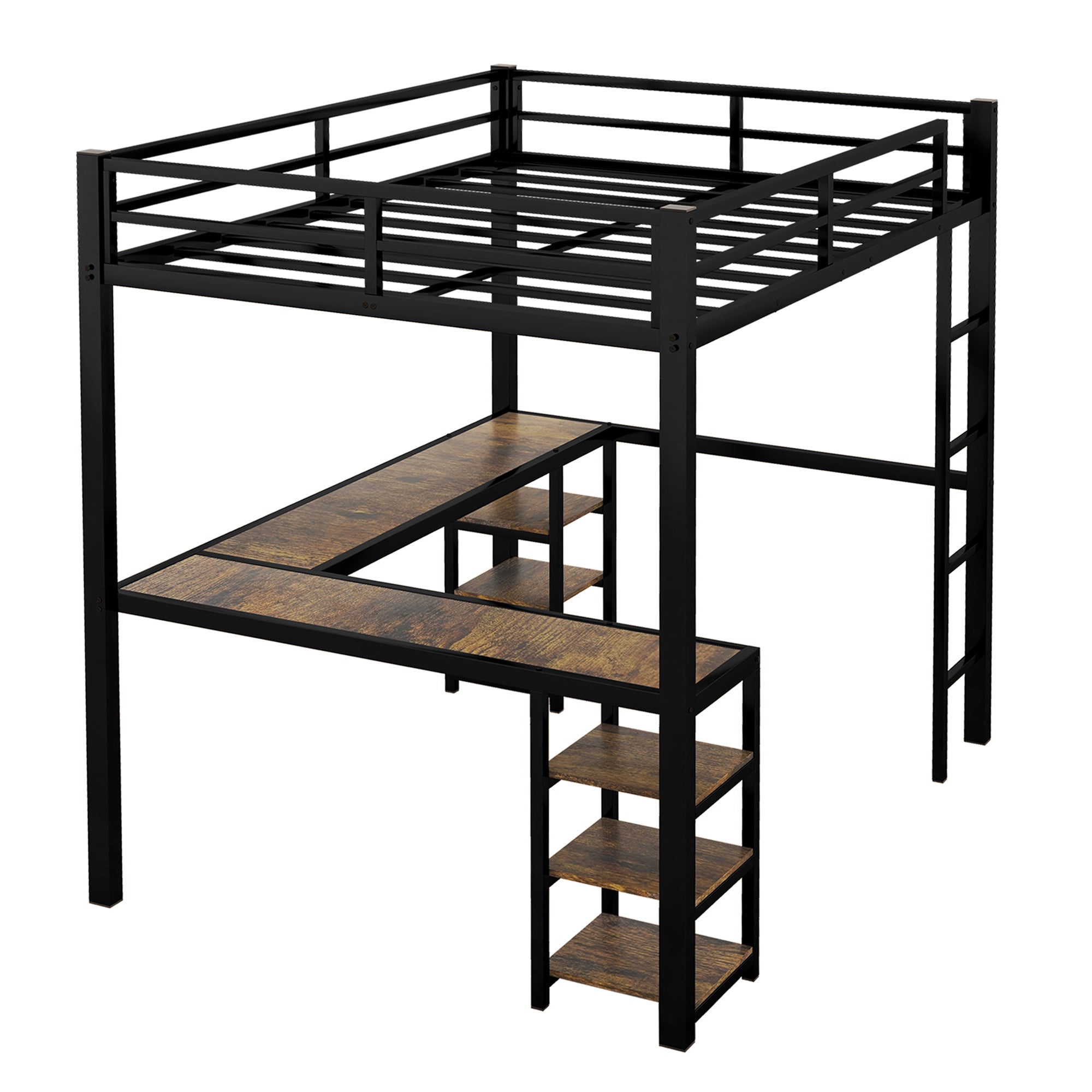 Full Metal Loft Bed with Desk and Shelves, Loft Bed with Ladder and Guardrails, Loft Bed Frame for Bedroom (Black) (Old SKU: W1307S00009)
