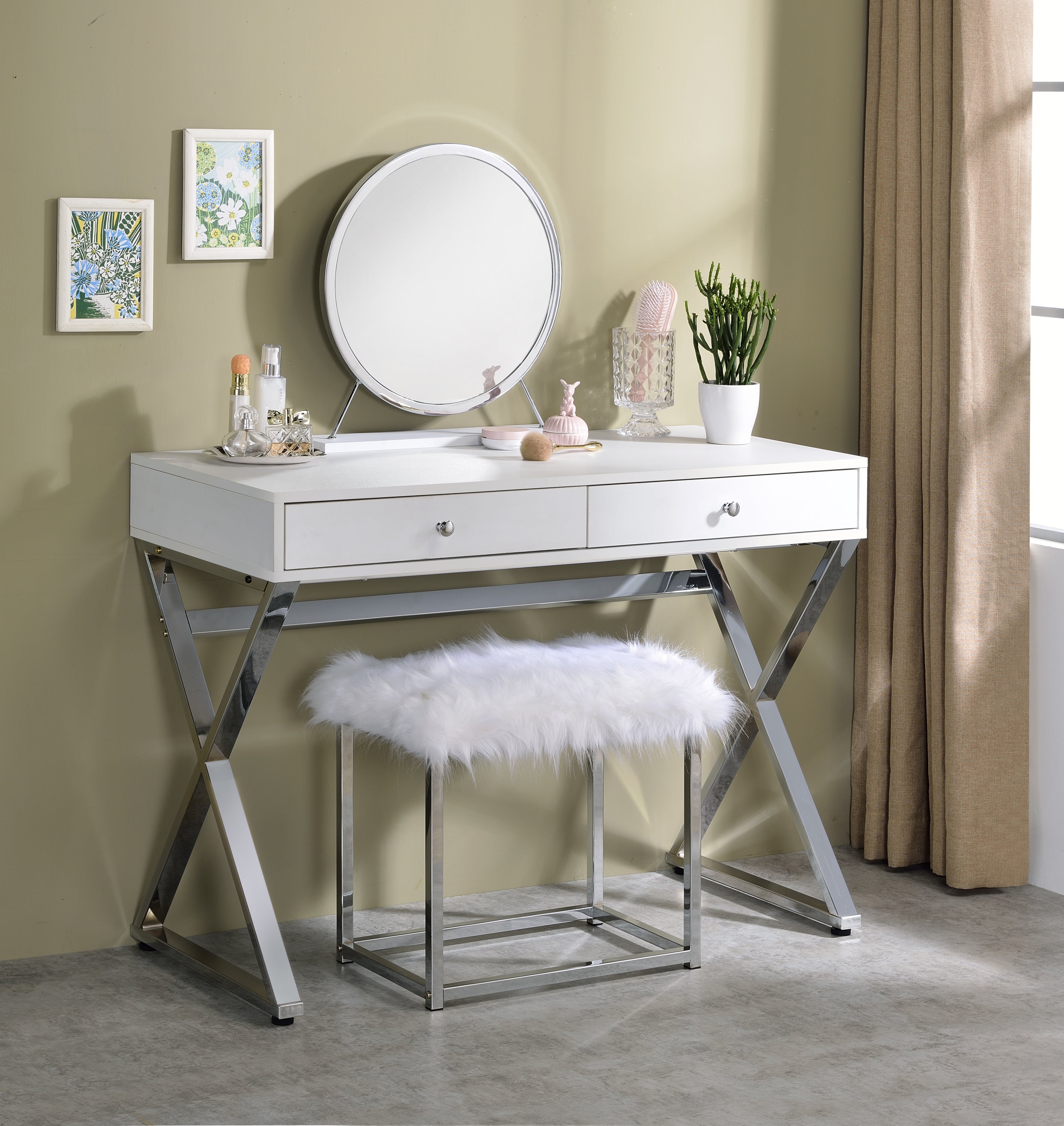 Vanity Mirror & Stool, Faux Fur, Mirror, White & Chrome Finish AC00935