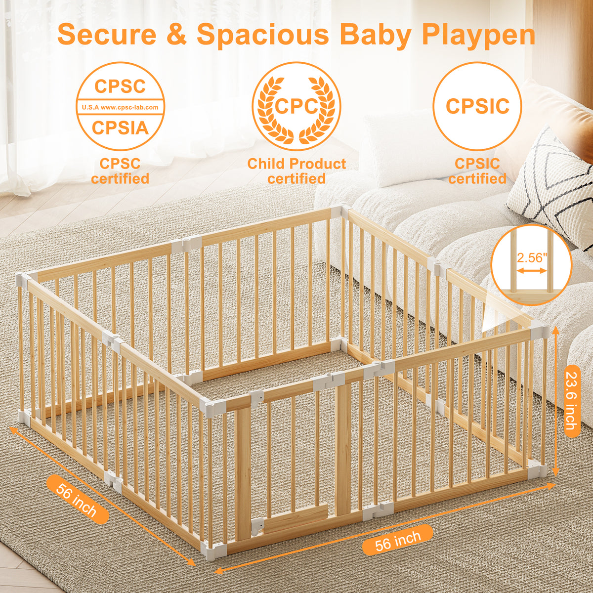 Large Wooden Baby Playpen, Adjustable Gate for Toddler and Babies