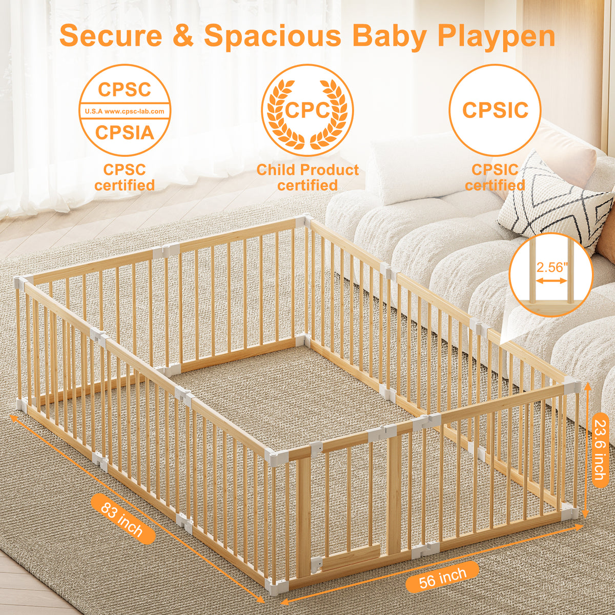 Large Wooden Baby Playpen, Adjustable Gate for Toddler and Babies