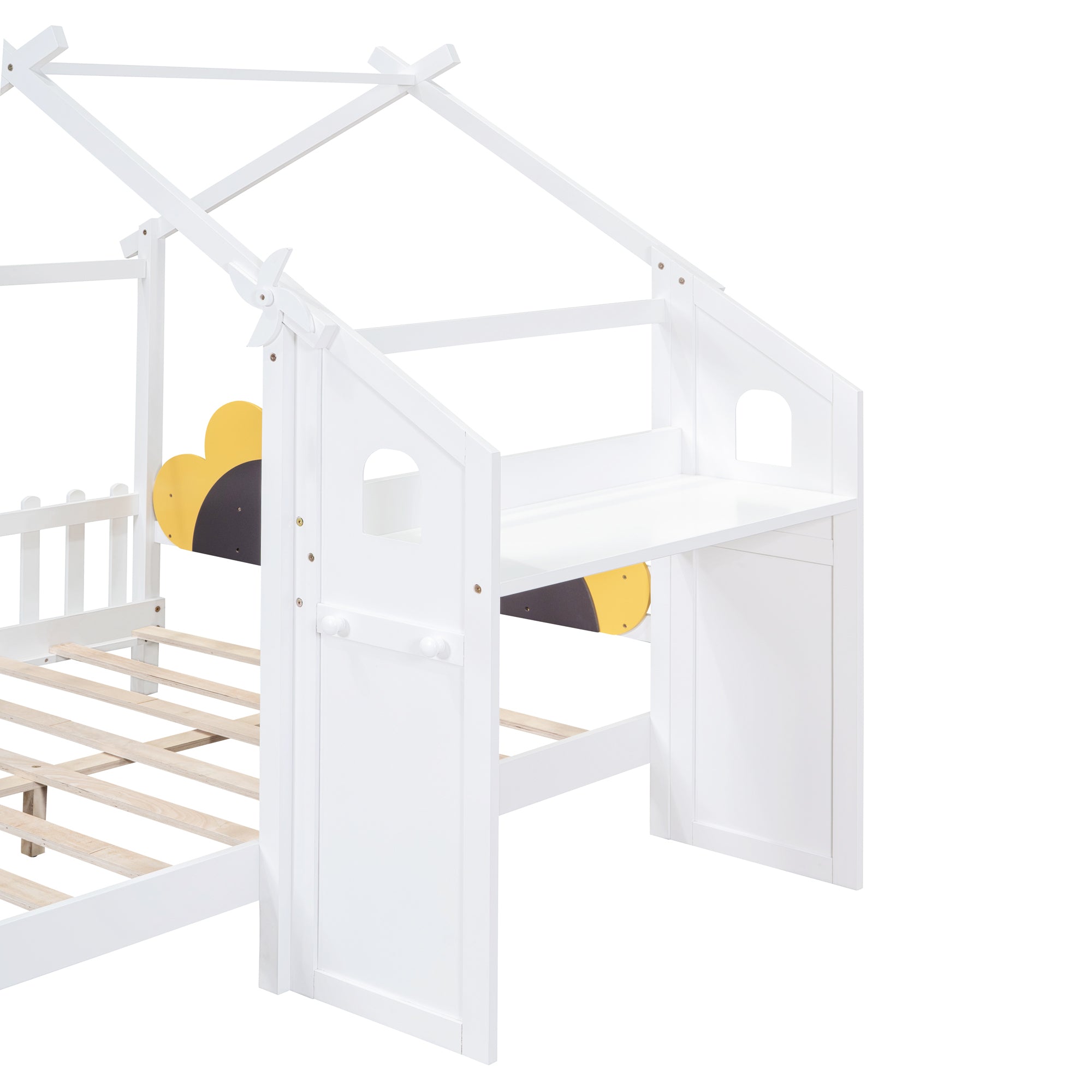 Full Size Platform Bed with Windmill and Flower Decor, House Bed with Desk and two hooks, White