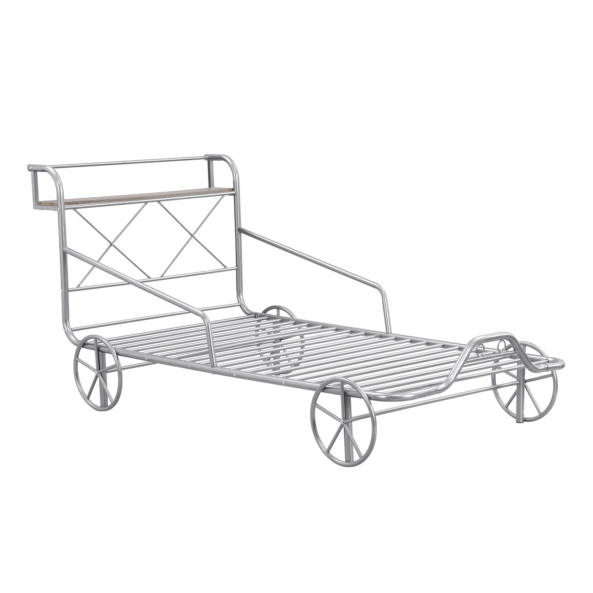 Twin Size Metal Car Bed with Four Wheels, Guardrails and X-Shaped Frame Shelf, Silver(Old SKU: MF297599AAN)