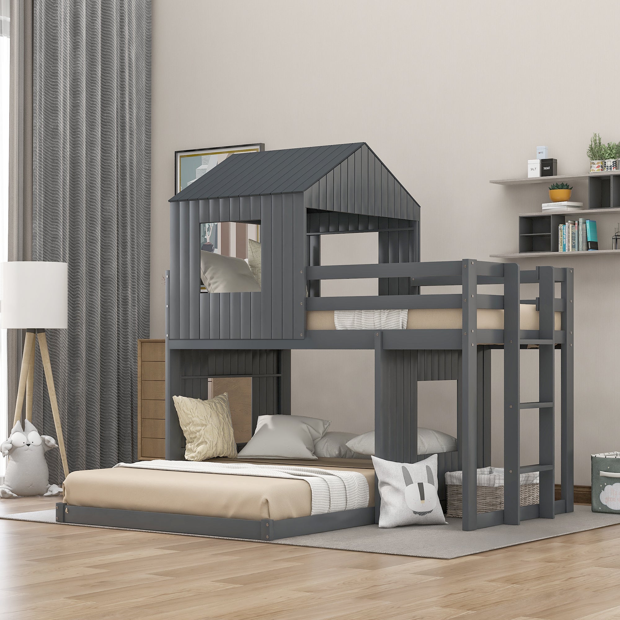 Wooden Twin Over Full Bunk Bed, Loft Bed with Playhouse, Farmhouse, Ladder and Guardrails , Gray( old sku: LT000027AAN )