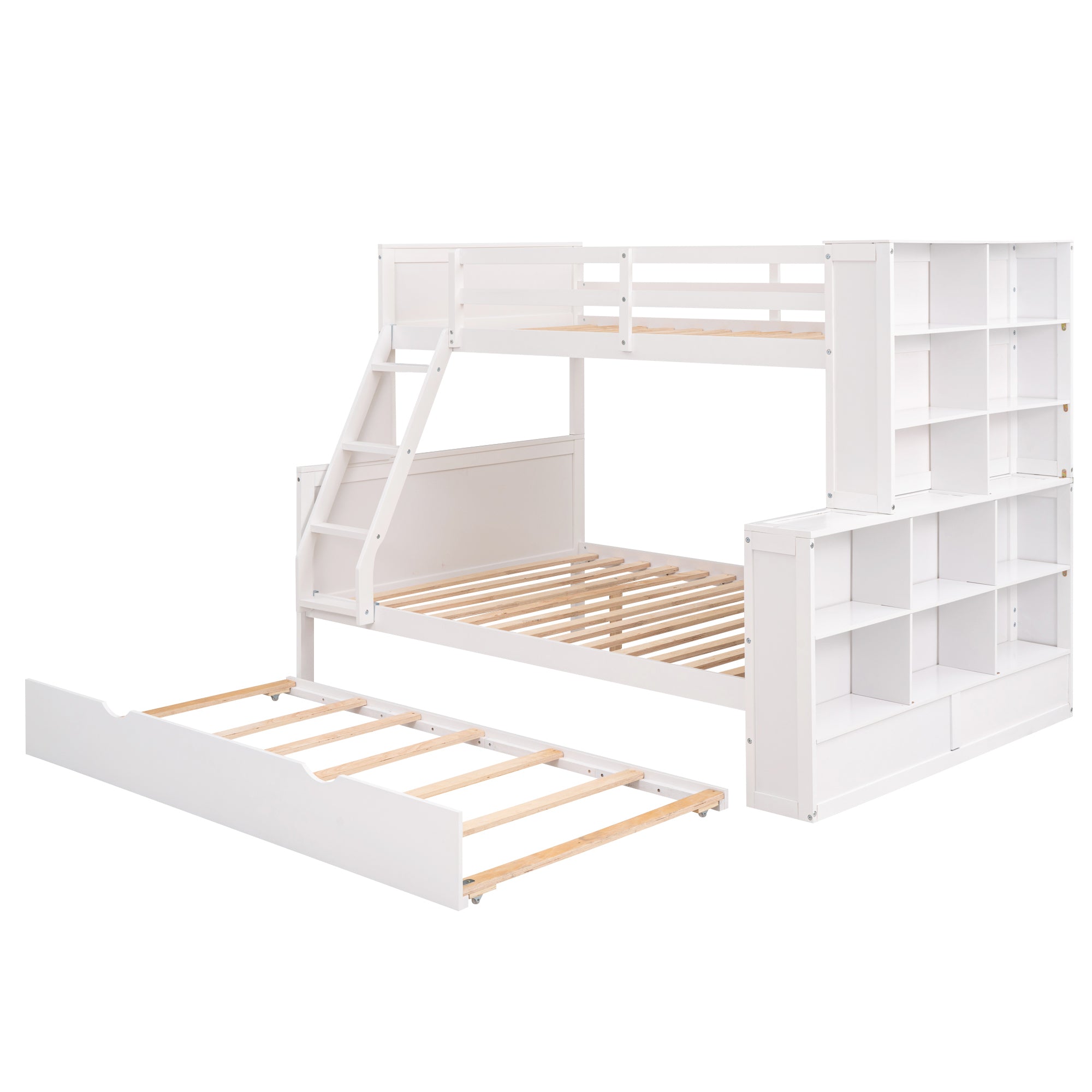 Twin over Full Bunk Bed with Trundle and Shelves, can be Separated into Three Separate Platform Beds, White