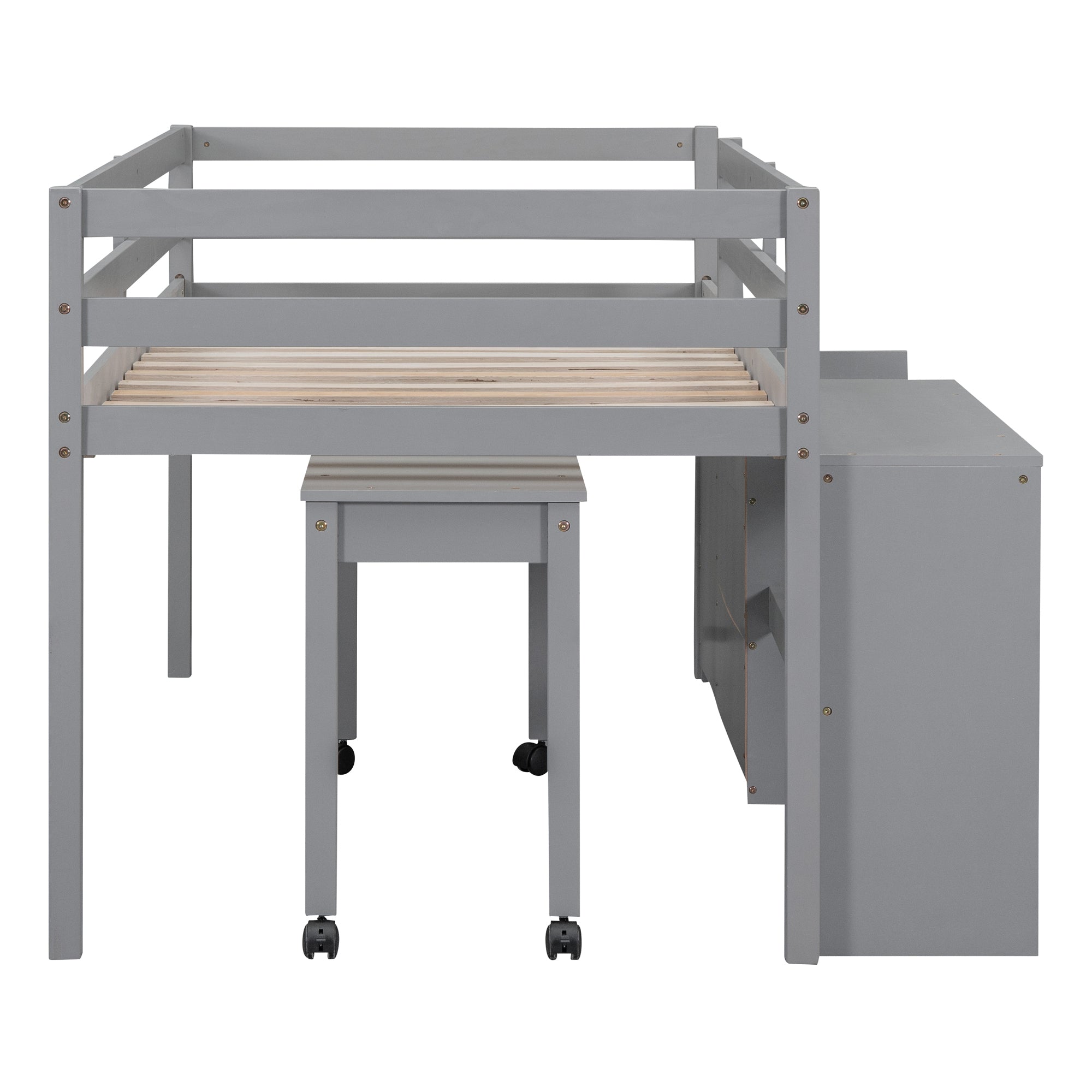 Twin Size Loft Bed with Desk and Drawers, Wooden Loft Bed with Lateral Portable Desk, Gray