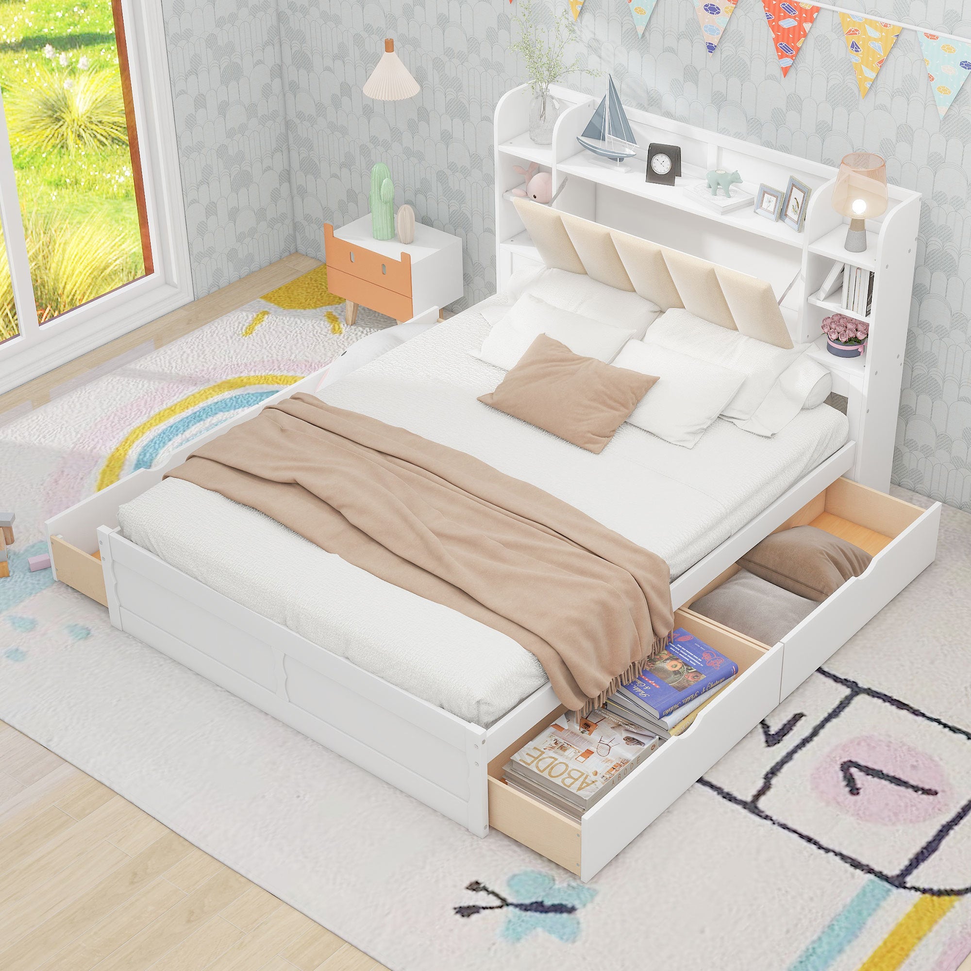 Wood Queen Size Platform Bed with Storage Headboard, Shelves and 4 Drawers, White