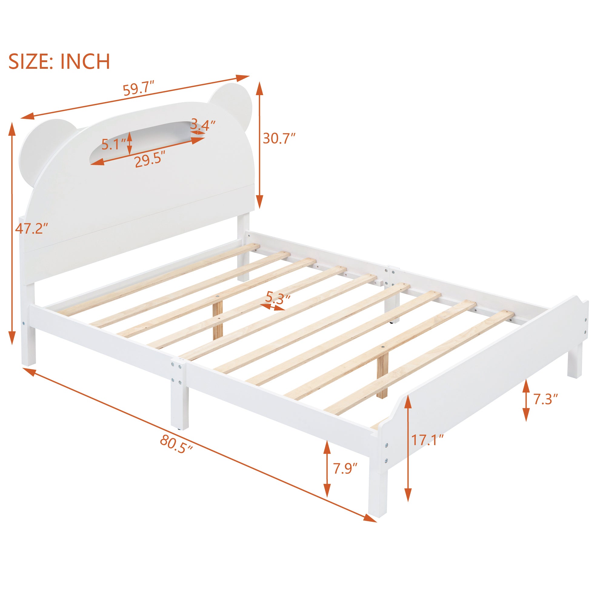 Full Size Wood Platform Bed with Bear-shaped Headboard,Bed with Motion Activated Night Lights,White