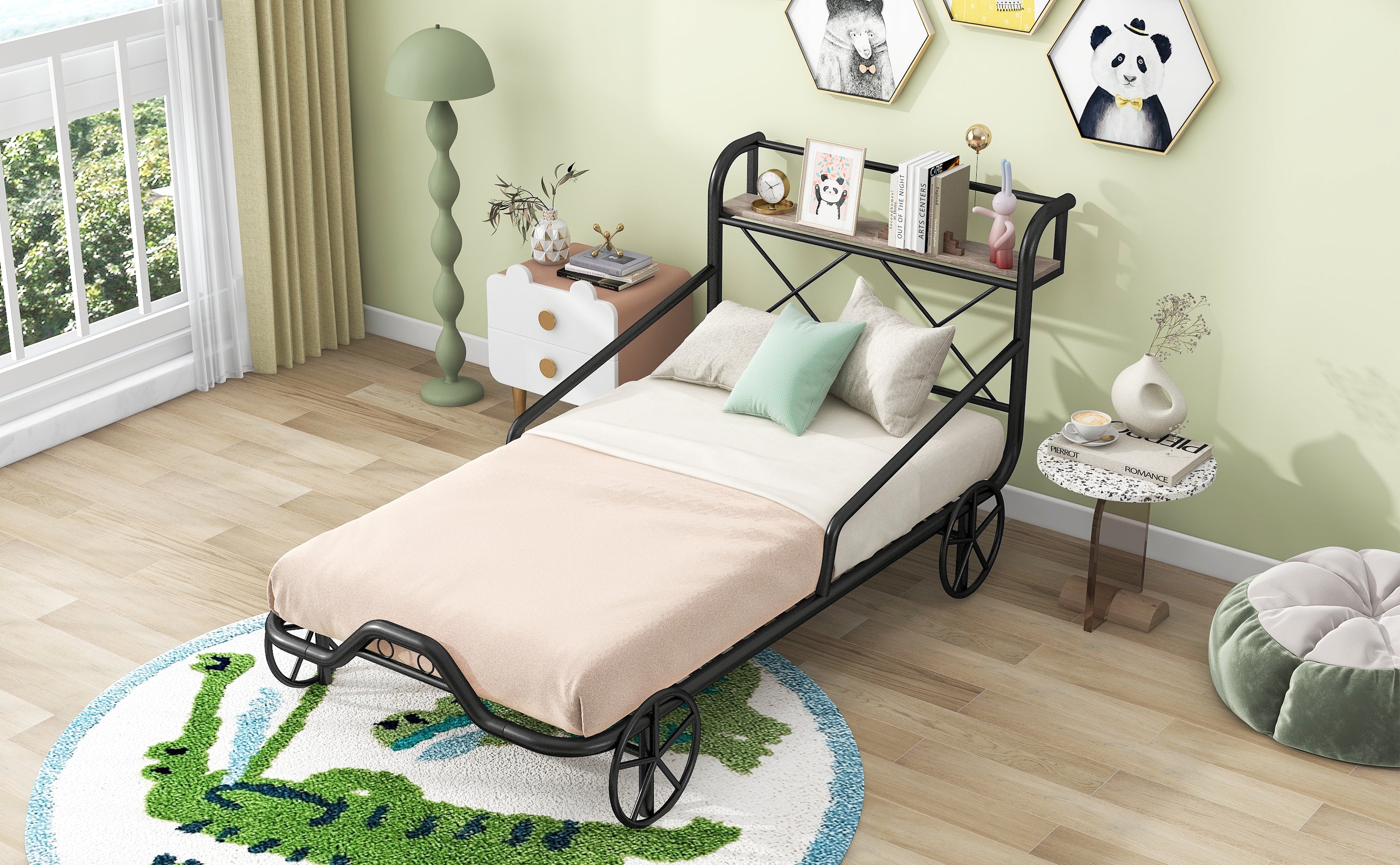 Twin Size Metal Car Bed with Four Wheels, Guardrails and X-Shaped Frame Shelf, Black(Old SKU: MF297599AAB)