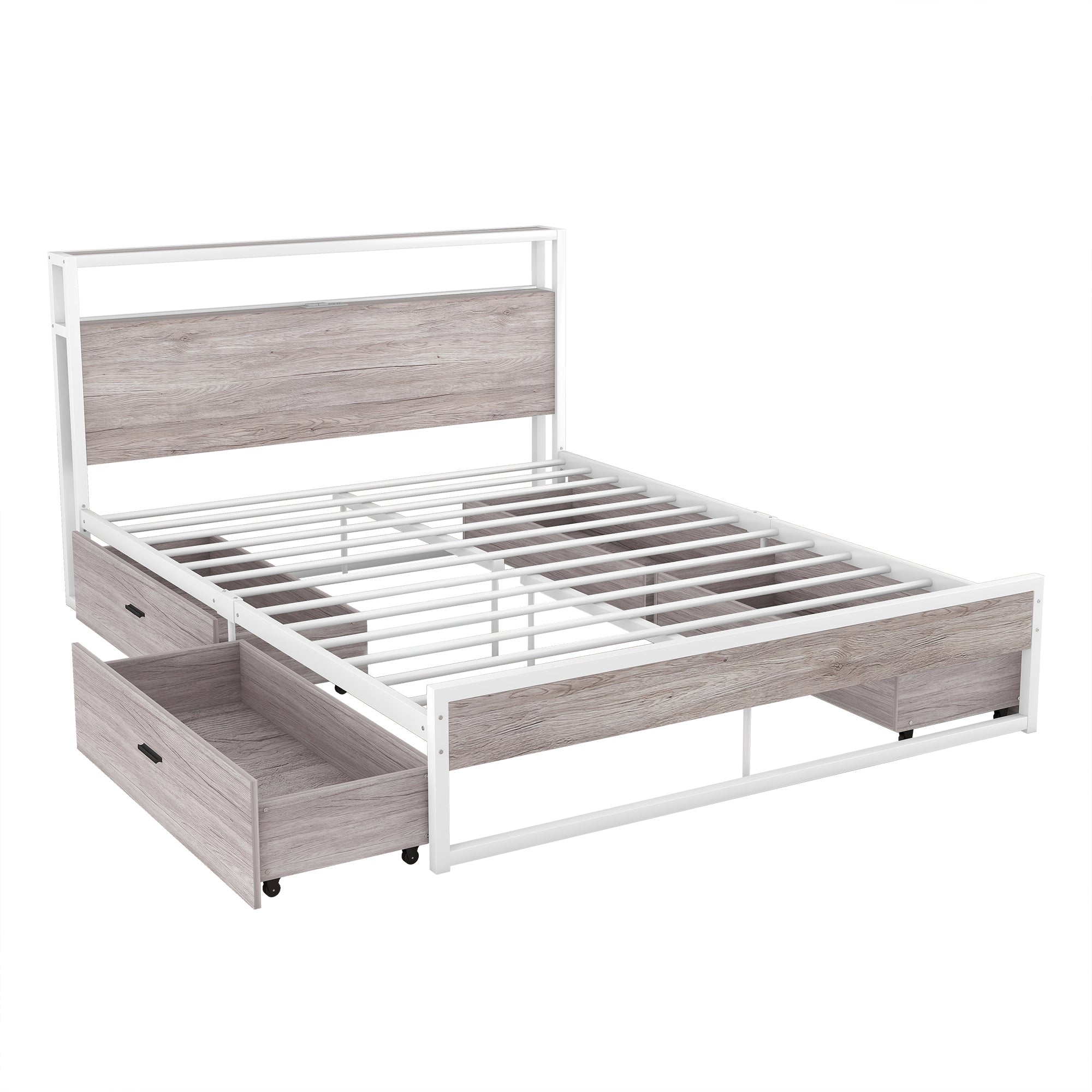 Queen Size Metal Platform Bed Frame with Four Drawers,Sockets and USB Ports ,Slat Support No Box Spring Needed White