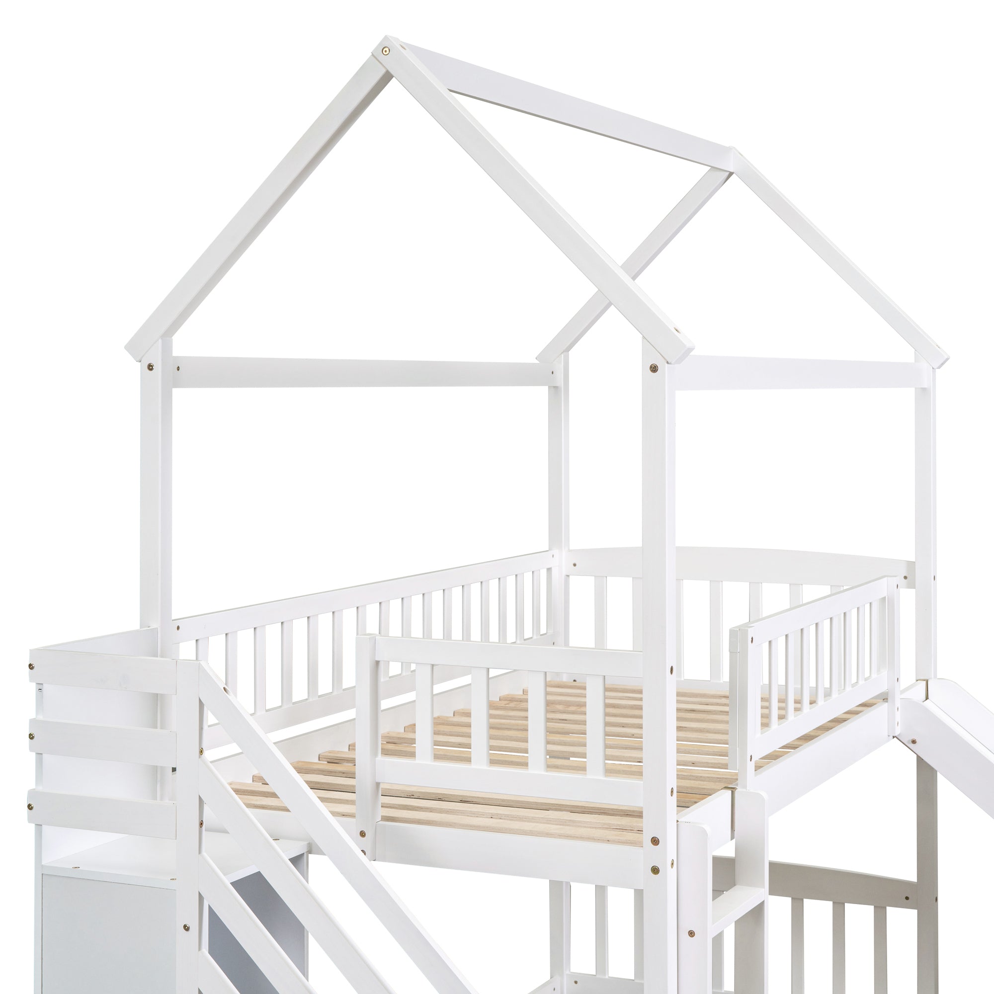 Twin Over Twin Bunk Bed with Drawers and Slide, House Bed with Slide,White(OLD SKU :LT000215AAK)