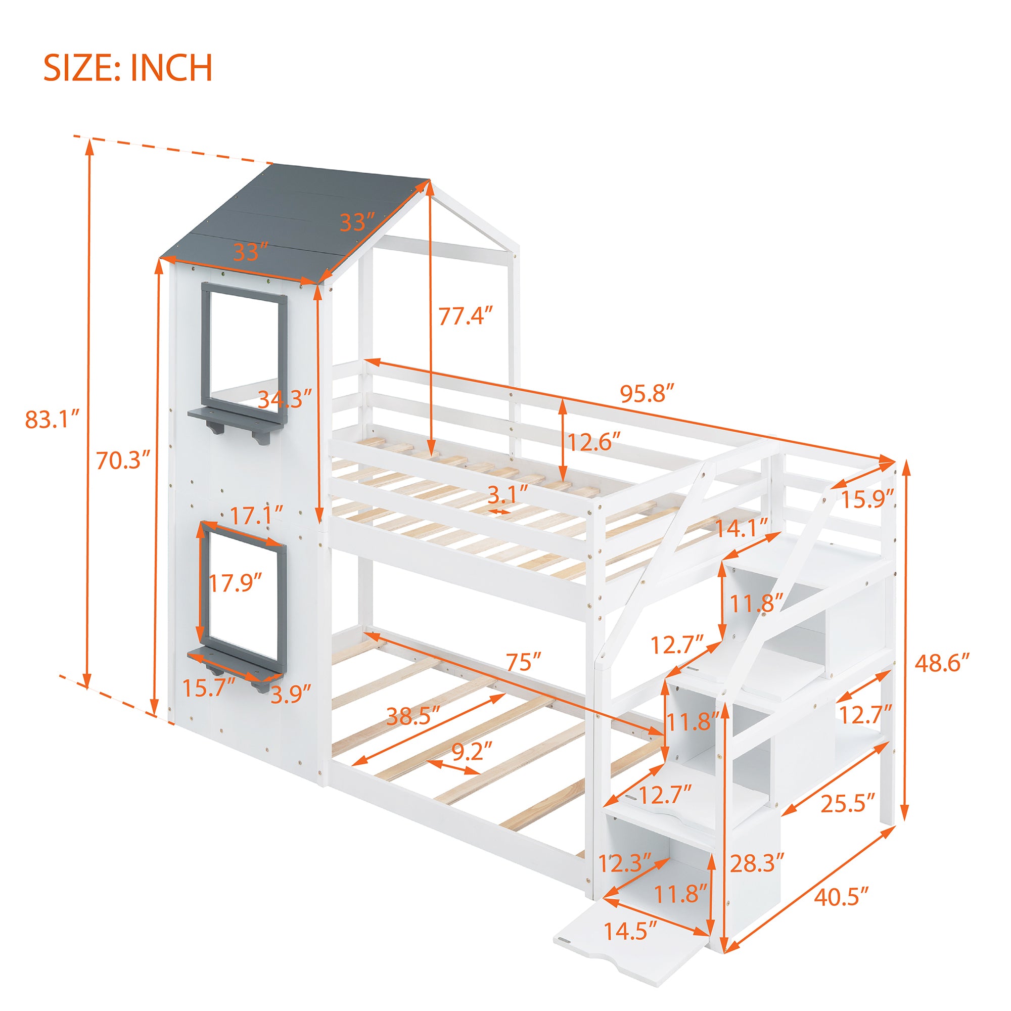 Twin Over Twin Bunk Bed with Storage Stairs,Wood Bed with Roof, Window, Guardrail, Ladder, White