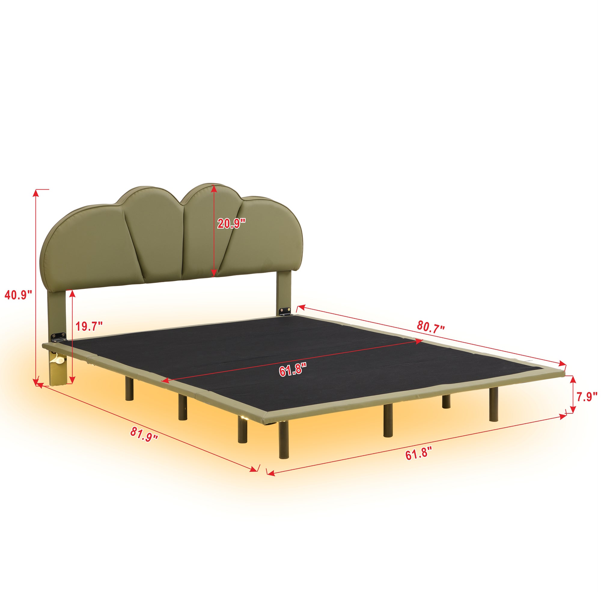 Queen Size Upholstery Platform Bed with PU Leather Headboard and Support Legs,Underbed LED Light,Green