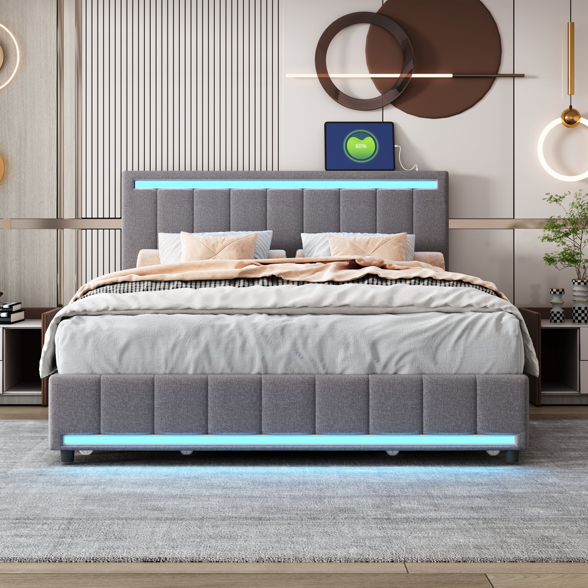 Queen Size Upholstered Bed with LED Light and 4 Drawers, Modern Platform Bed with a set of Sockets and USB Ports, Linen Fabric, Beige