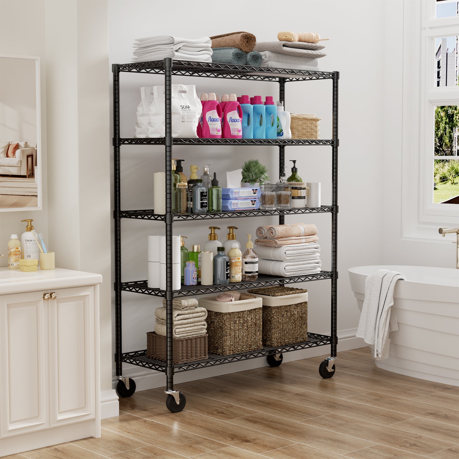 5-Tier Height-Adjustable Garage Wire Shelving Unit for Kitchen, Laundry Room, Pantry, Warehouse, Basement