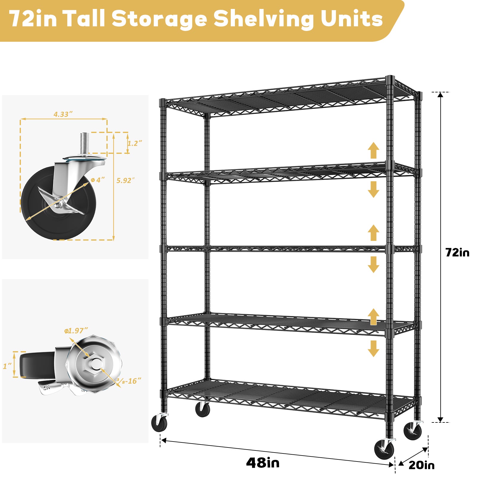 5-Tier Height-Adjustable Garage Wire Shelving Unit for Kitchen, Laundry Room, Pantry, Warehouse, Basement