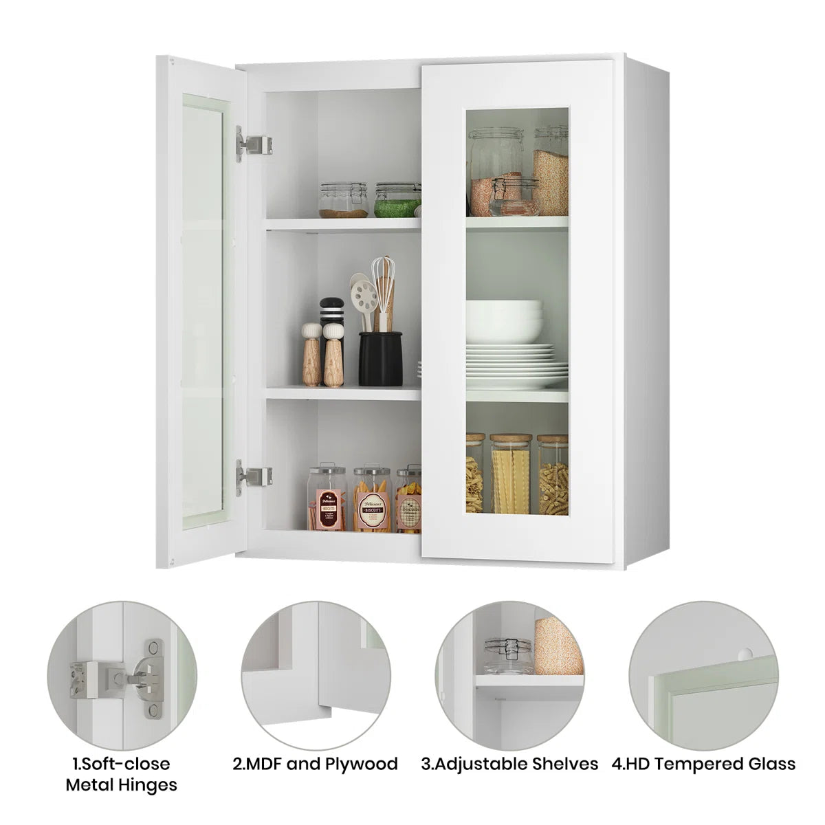 30"W * 30"H * 12"D Shaker White Glass Wall Kitchen Cabinet with Adjustable Shelves
