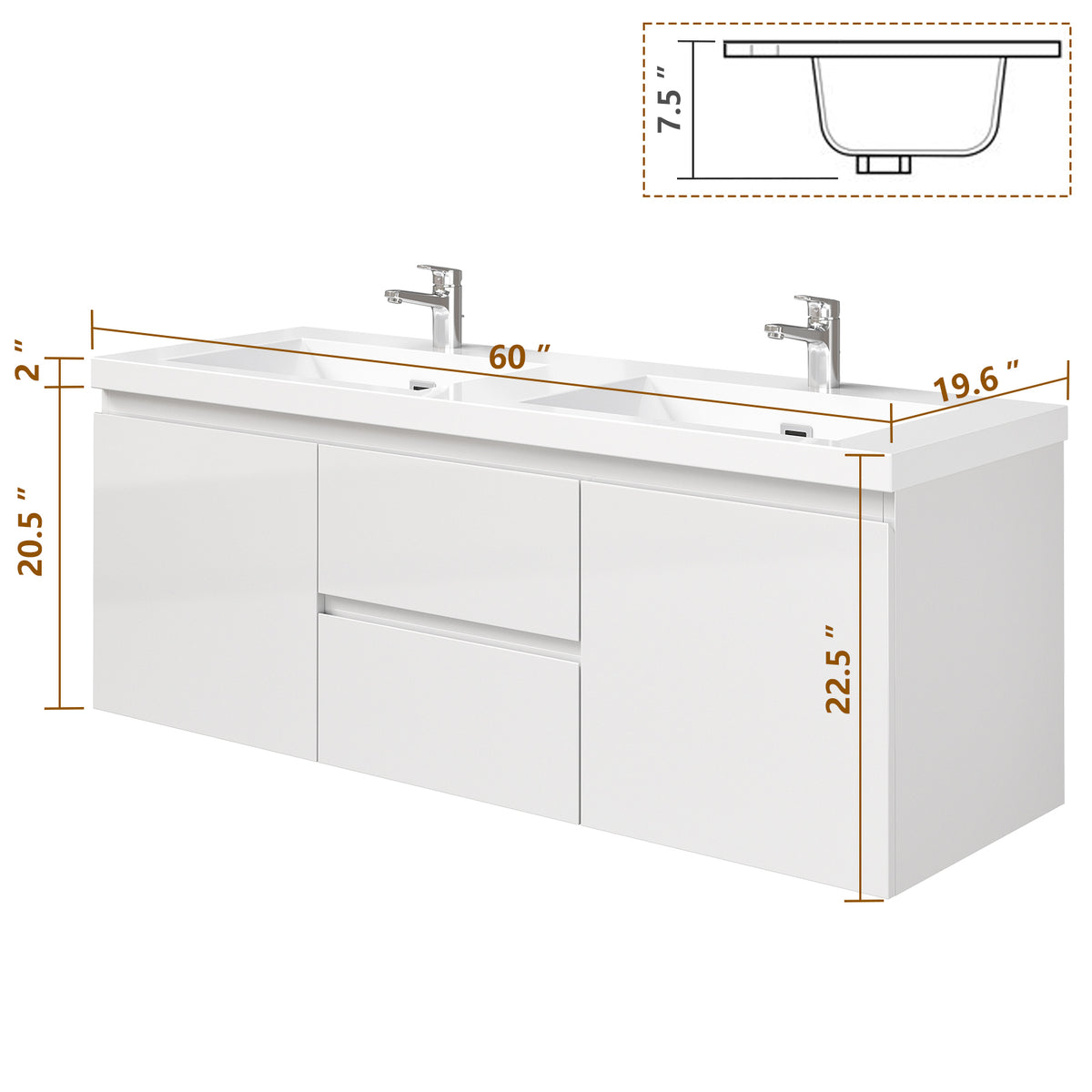 60Inch Floating Bathroom Vanity With Double Undermount Sink Wall Mounted Bathroom Storage Vanity Cabinet Of 2 Drawers And Doors