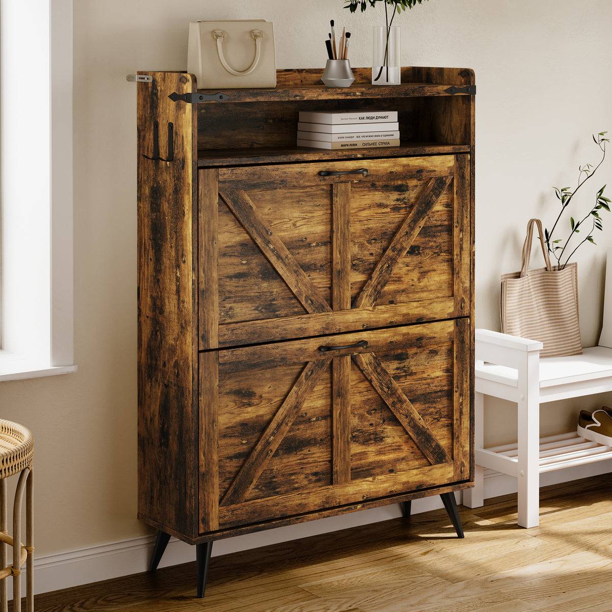 Farmhouse Shoe Rack, Freestanding Shoe Cabinet with 2 Flip Drawers for Entryway