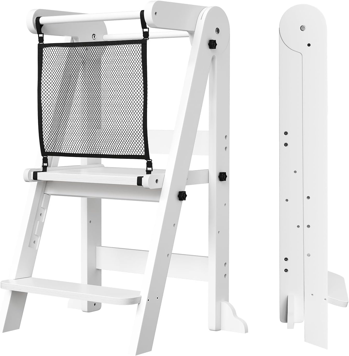 Foldable Toddler Kitchen Tower, 3 Adjustable Height Wooden Step Stool, Toddler Standing Tower with Safety Net