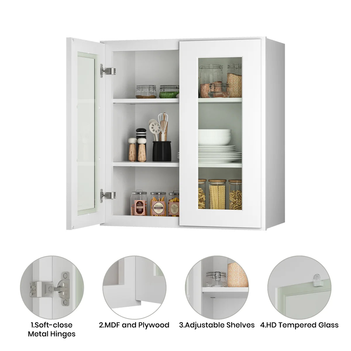 24"W * 36"H * 12"D Shaker White Glass Wall Kitchen Cabinet with Adjustable Shelves