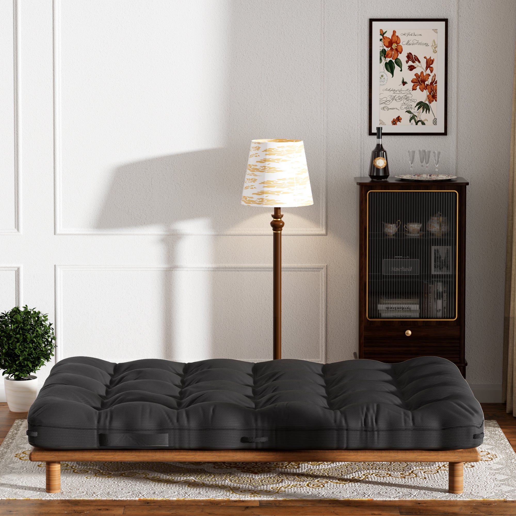 Black Full Size Floor Mattress Futon Mattress Sleeping Pad Foldable Roll Up Mat, Sofa Couch Bed