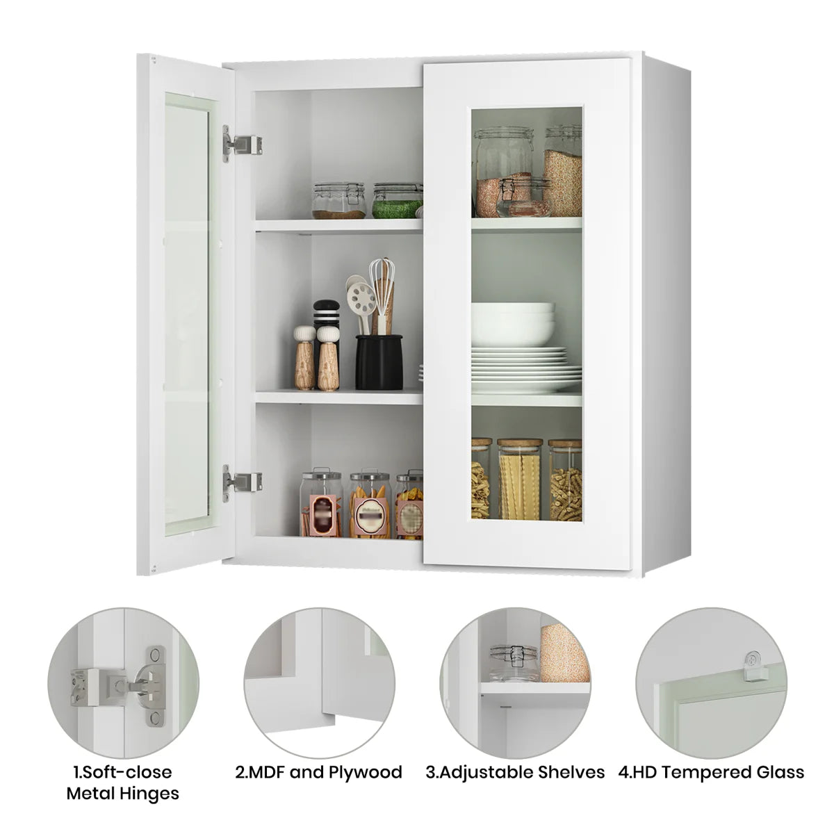 27"W * 36"H * 12"D Shaker White Glass Wall Kitchen Cabinet with Adjustable Shelves