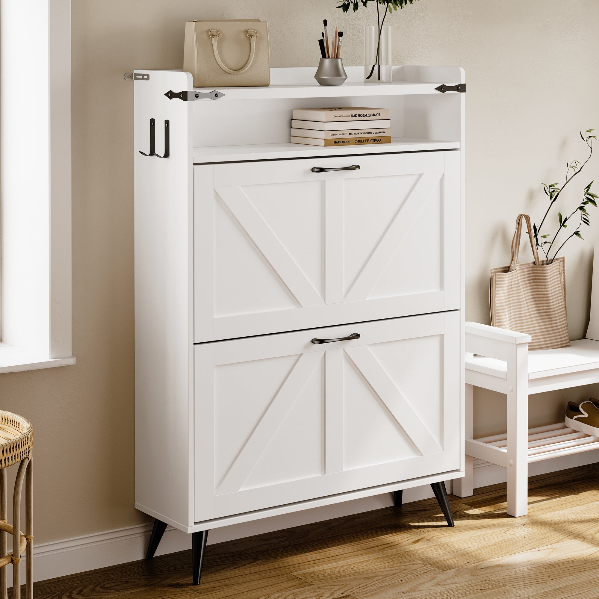 Farmhouse Shoe Rack, Freestanding Shoe Cabinet with 2 Flip Drawers for Entryway