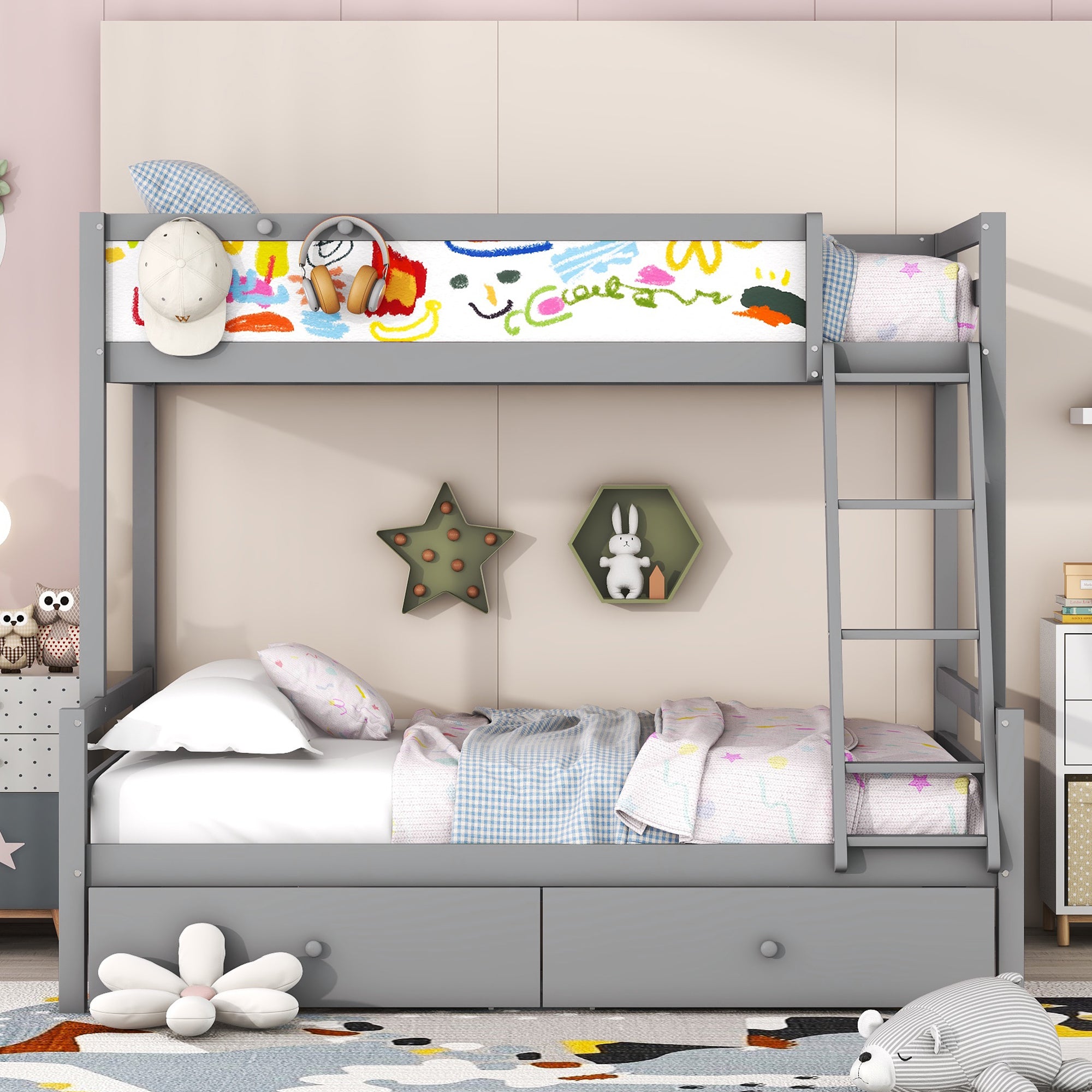 Wood Twin over Full Bunk Bed with Whiteboard, 3 Hooks and 2 Drawers, Grey