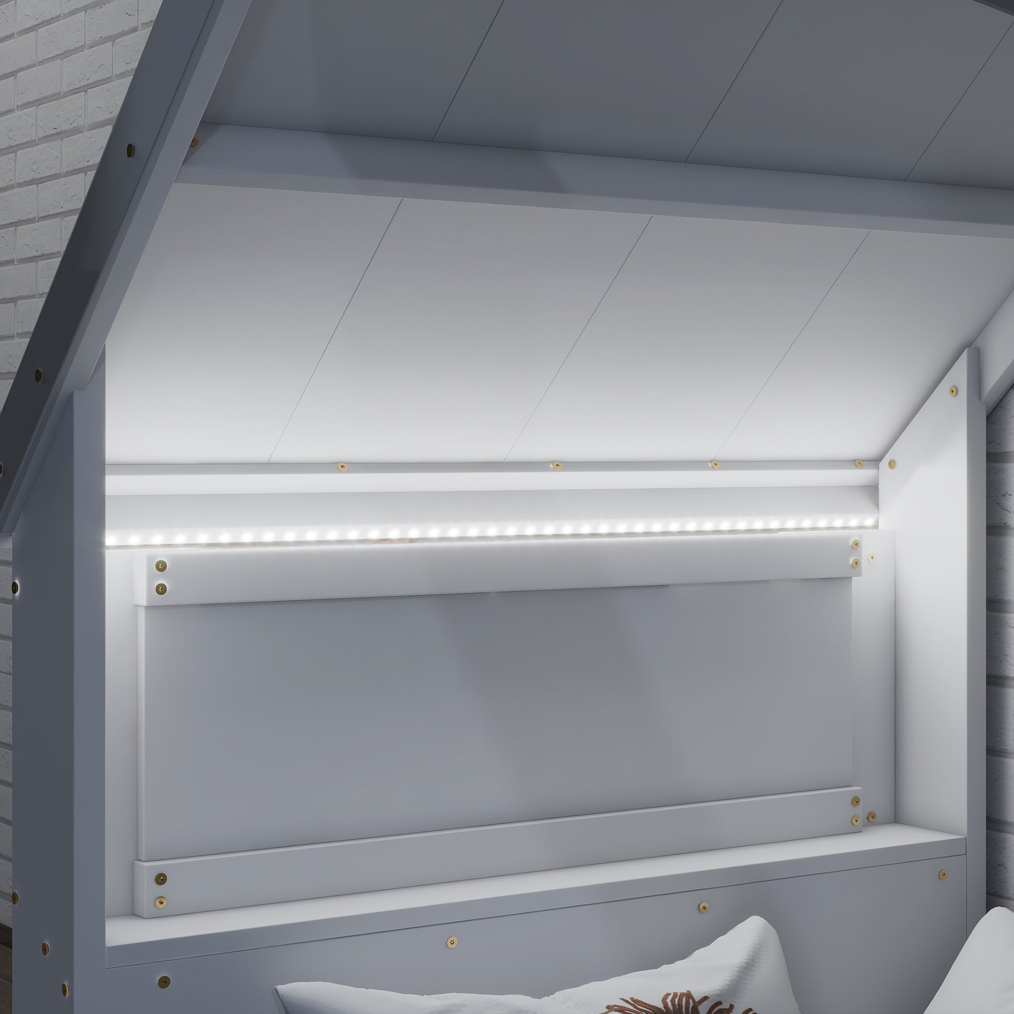 Twin House Floor Bed with Roof Window, LED Light,White