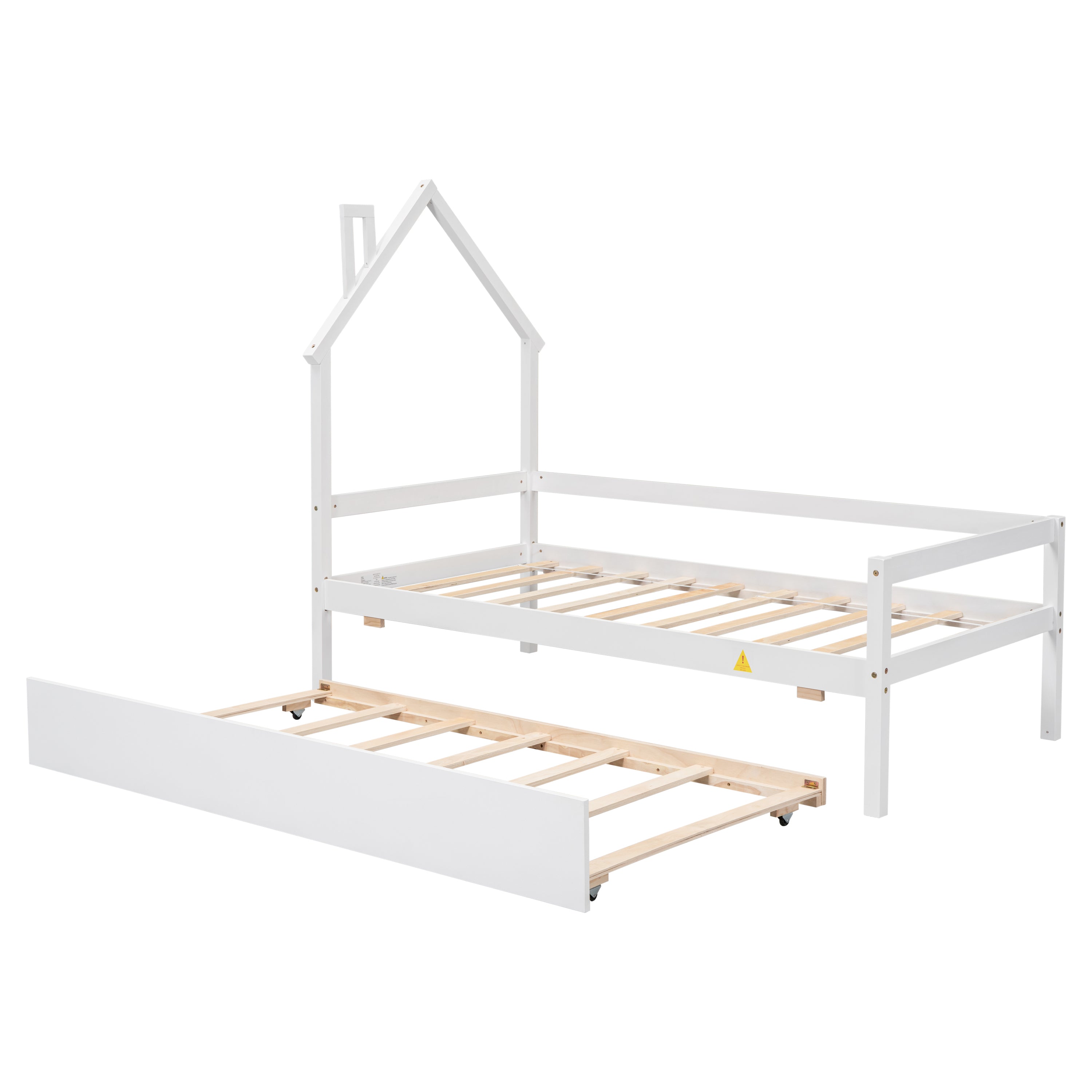 Twin Wooden Daybed with trundle, Twin House-Shaped Headboard bed with Guardrails,White