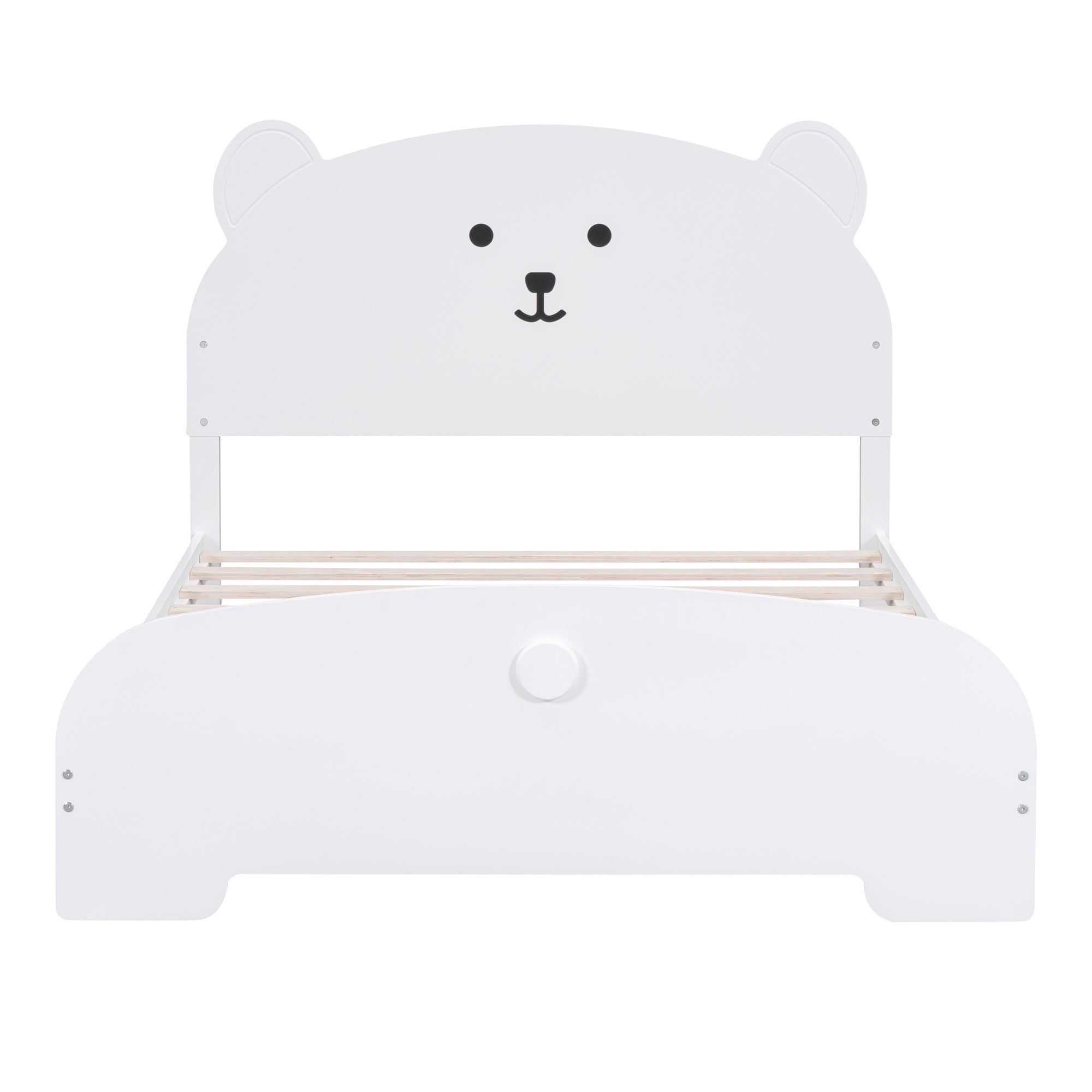Full Size Wood Platform Bed with Bear-shaped Headboard and Footboard,White