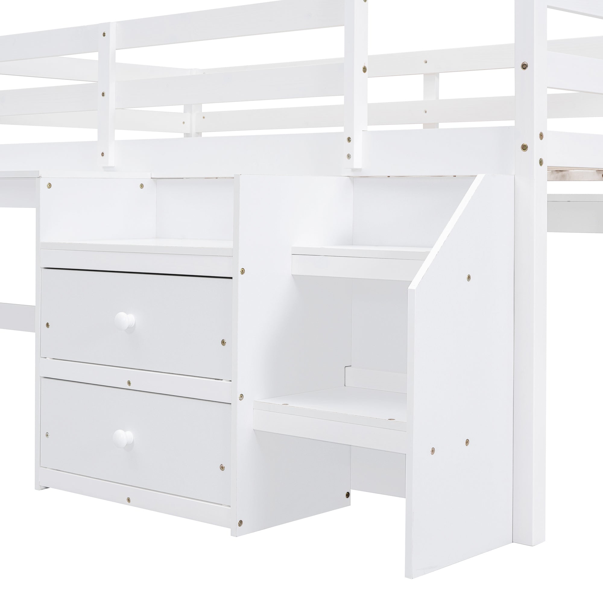 Twin Size Loft Bed with Desk and Drawers, Wooden Loft Bed with Lateral Portable Desk, White