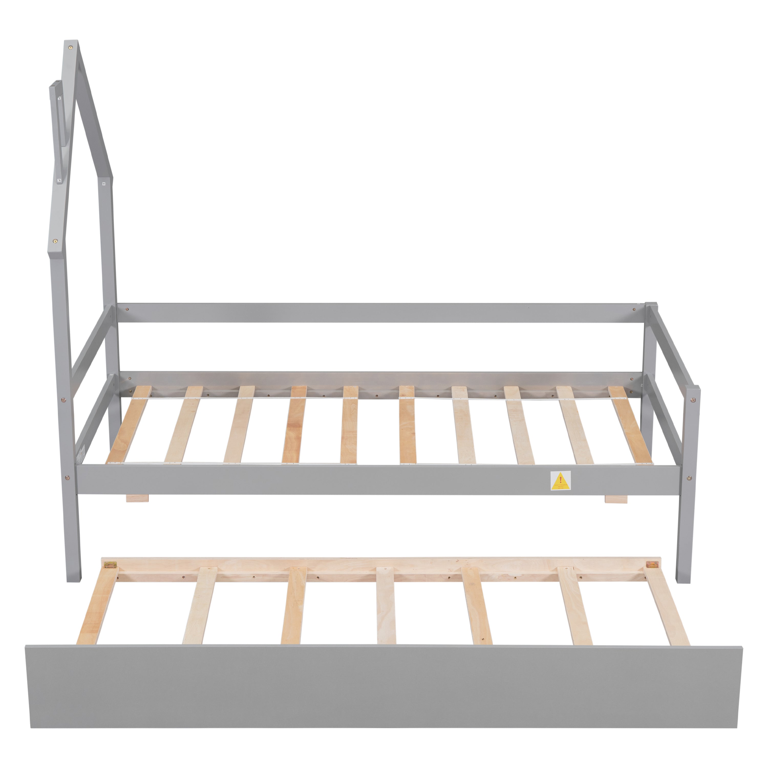 Twin Wooden Daybed with trundle, Twin House-Shaped Headboard bed with Guardrails,Grey
