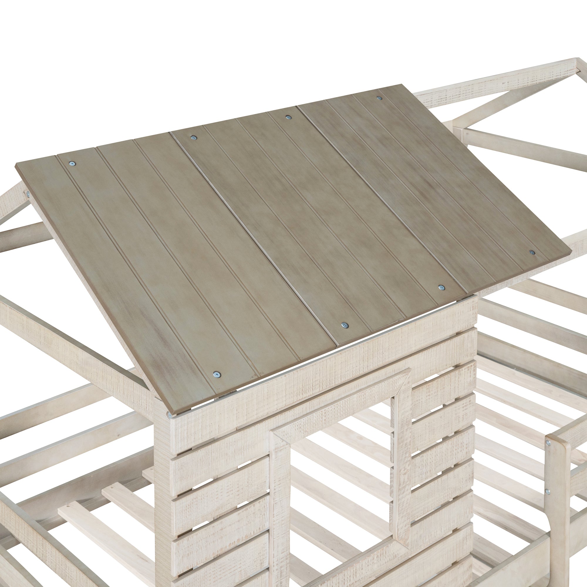 Twin Over Twin Bunk Bed Wood Loft Bed with Roof, Window, Guardrail, Ladder (Antique White )