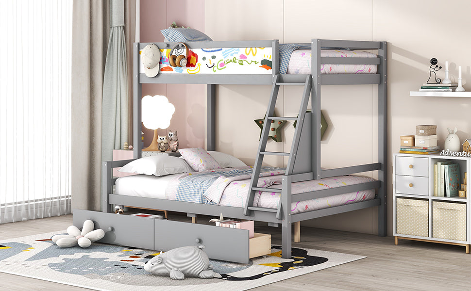 Wood Twin over Full Bunk Bed with Whiteboard, 3 Hooks and 2 Drawers, Grey