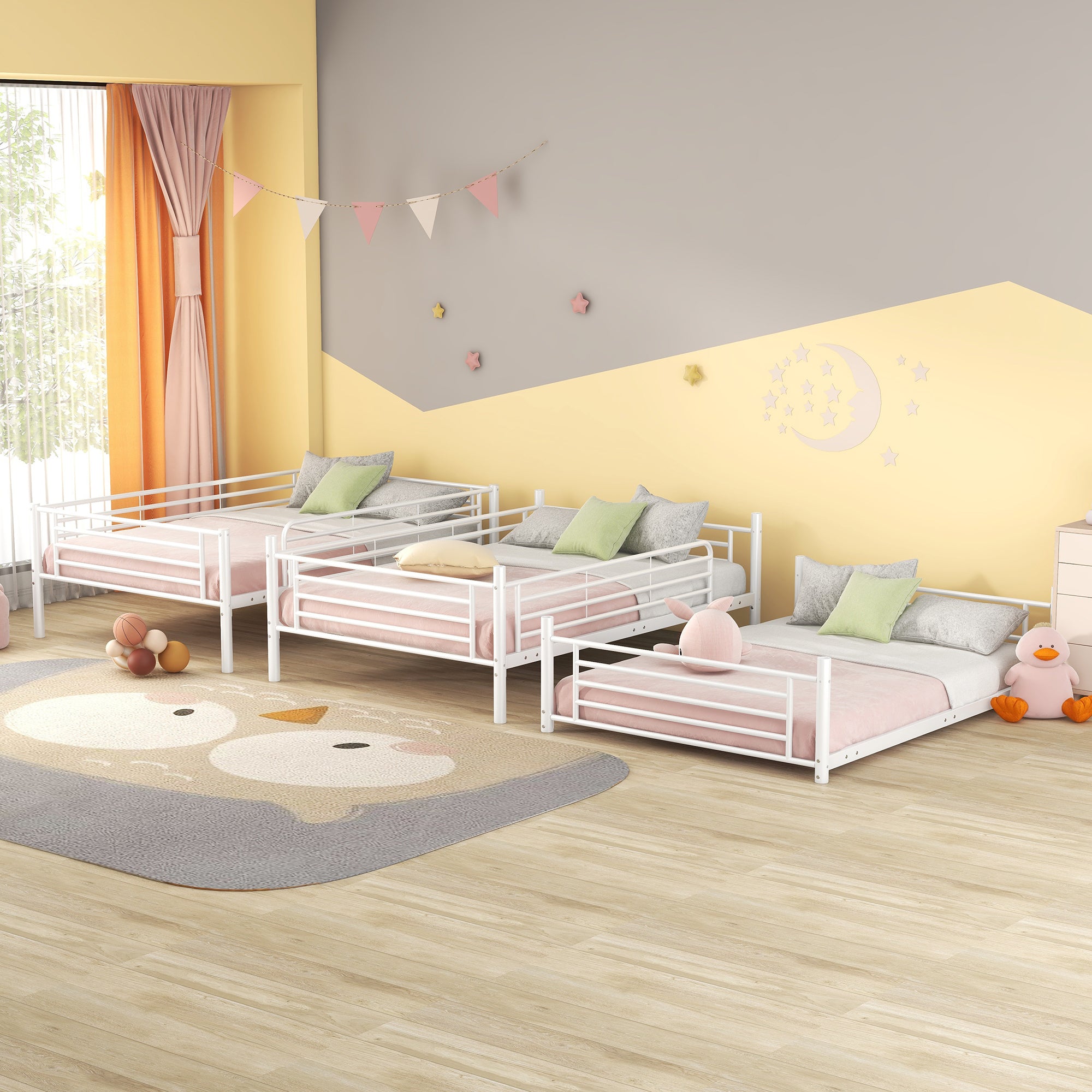 Full-Full-Full Metal Triple Bed with Built-in Ladder, Divided into Three Separate Beds,White(OLD SKU:LP000297AAK)