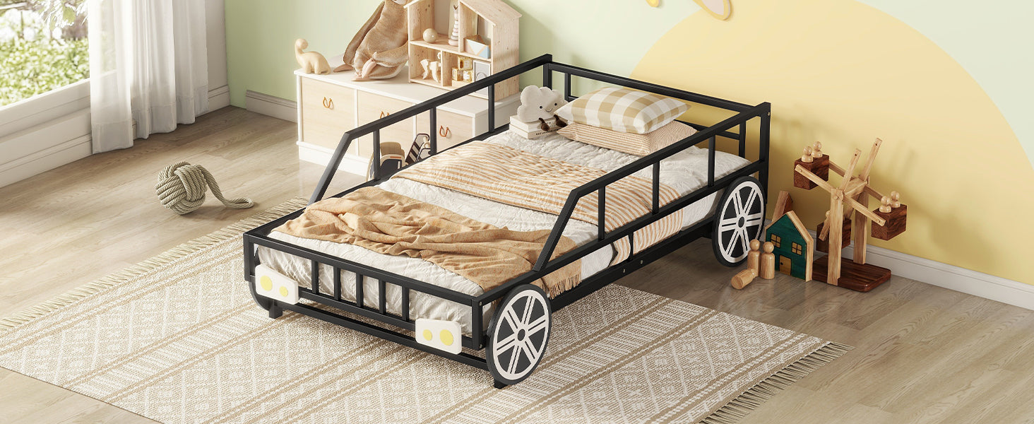 Metal Twin Size Car-shaped Platform Bed with Wheels and Headlights Decoration, Black