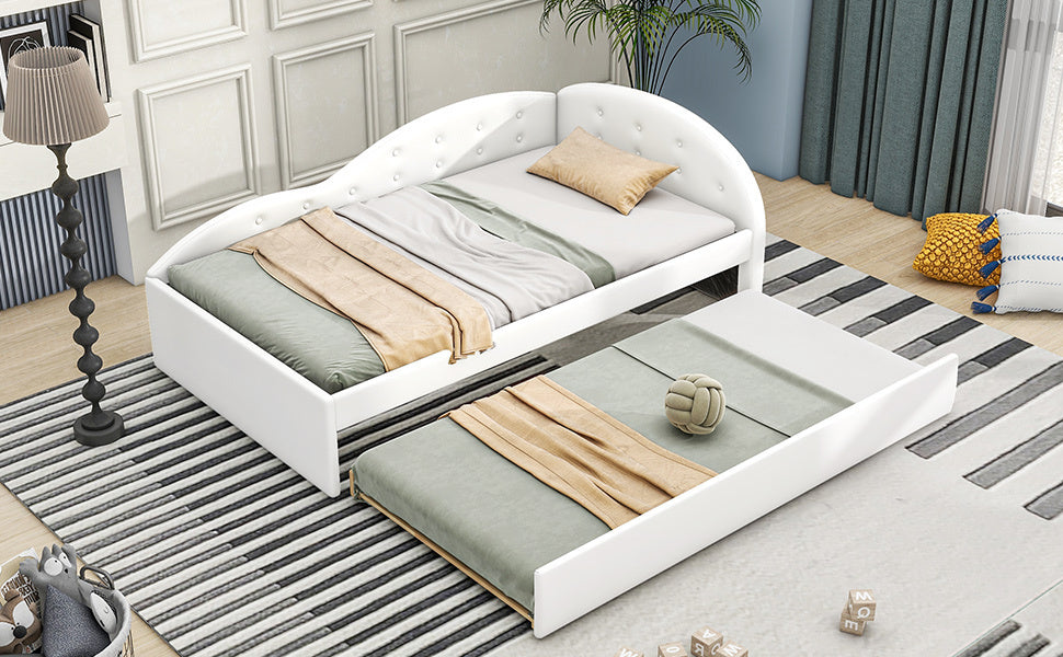Twin Size PU Upholstered Tufted Daybed with Trundle and Cloud Shaped Guardrail, White