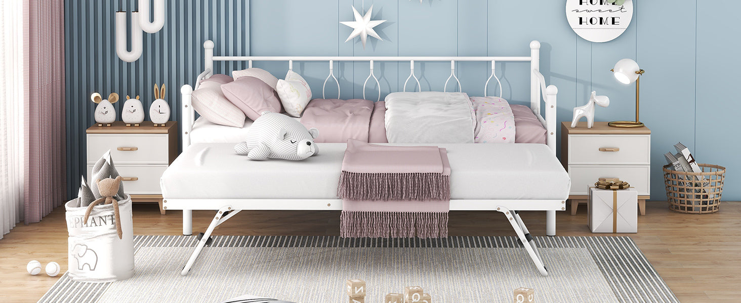 Twin Size Metal Daybed with Twin Size Adjustable Trundle, Portable Folding Trundle, White